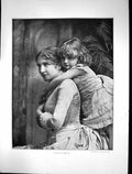Old Antique Print 1885 Photograph Beautiful Woman Young Girl Pick-A-Back 19th