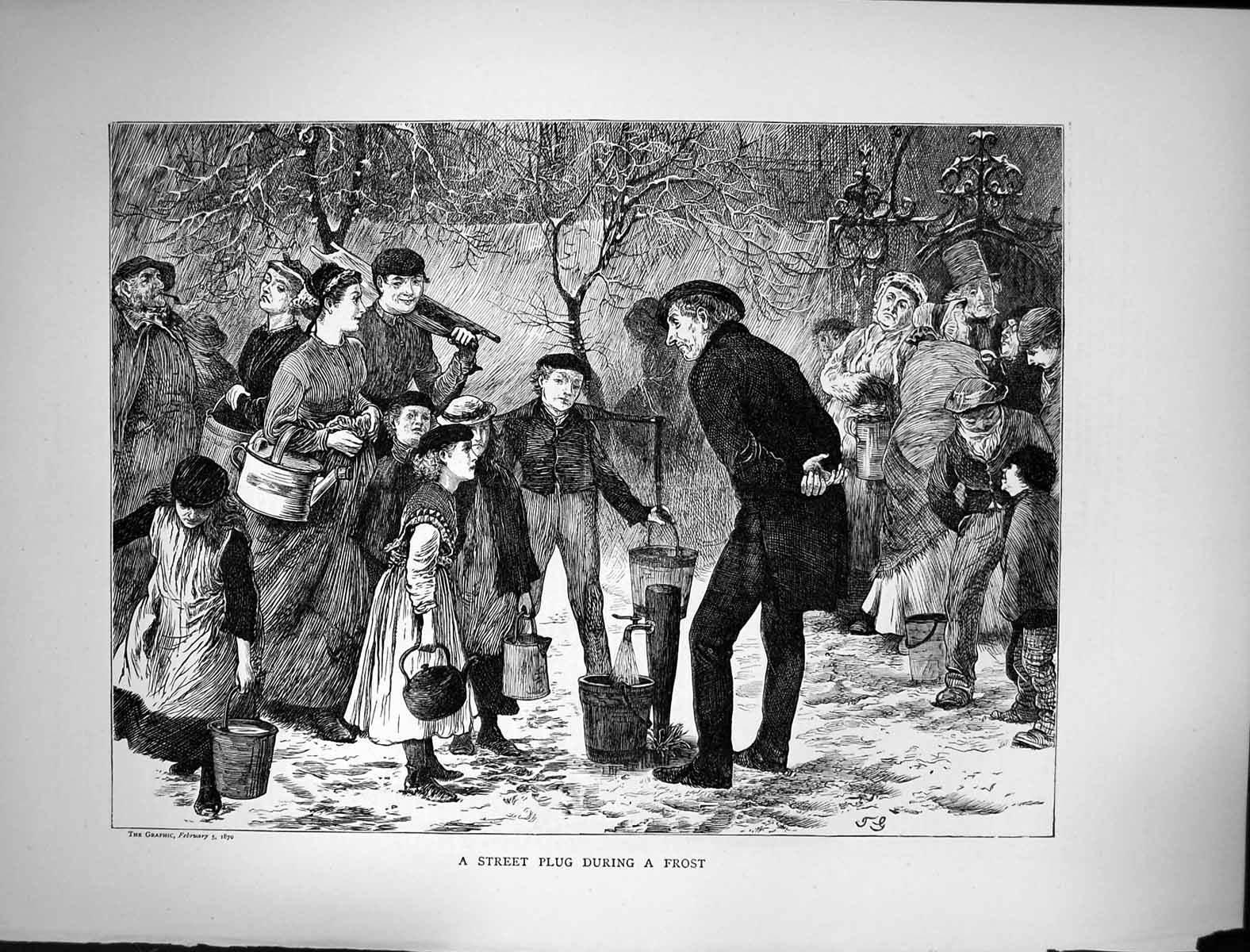 Old Antique Print 1870 Street Plug During Frost Water Tap Buckets Kettles 19th