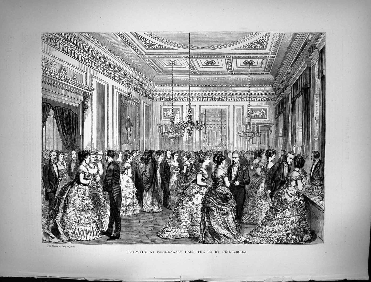 Original Old Antique Print 1870 Festivities Fishmongers Hall Court Dining Room