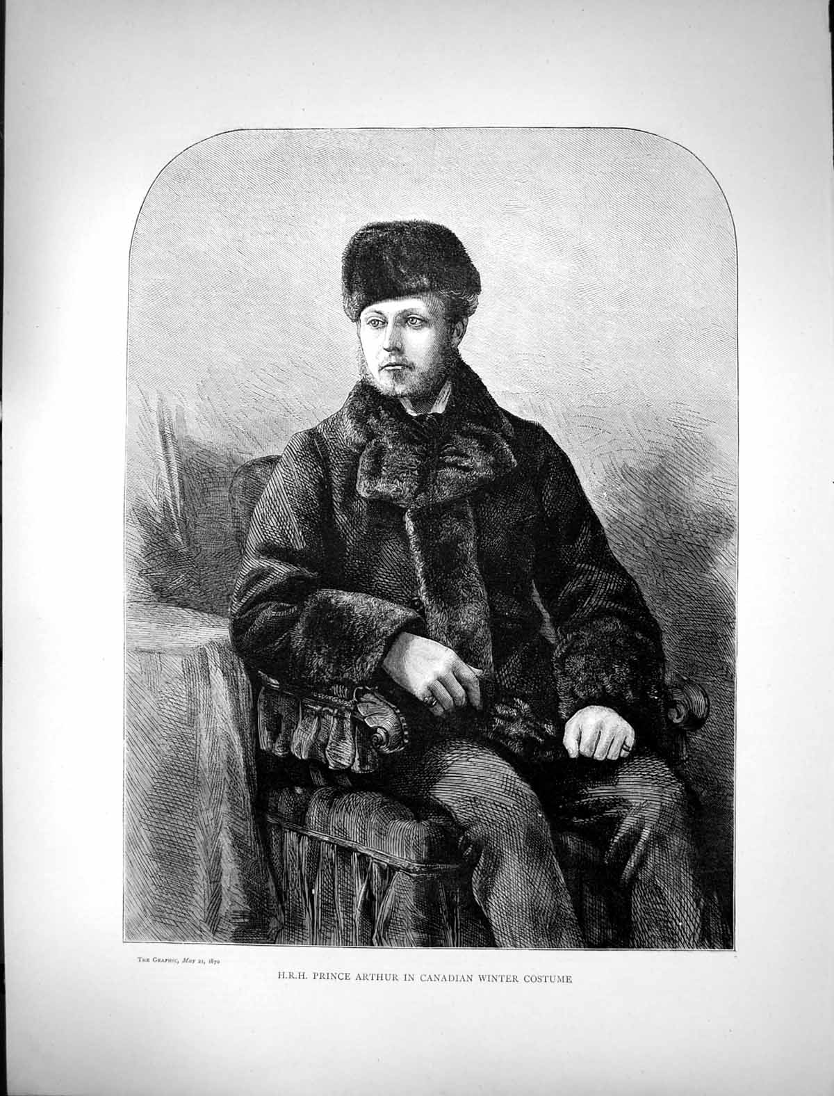 Antique Old Print 1870 Portrait H.R.H. Prince Arthur Canadian Winter Costume
