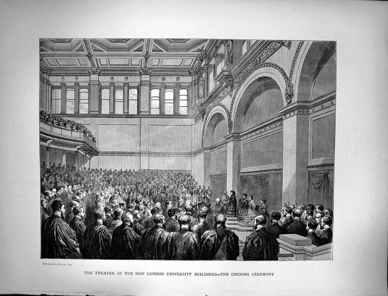 Antique Old Print 1870 Theatre London University Buildings Opening Ceremony