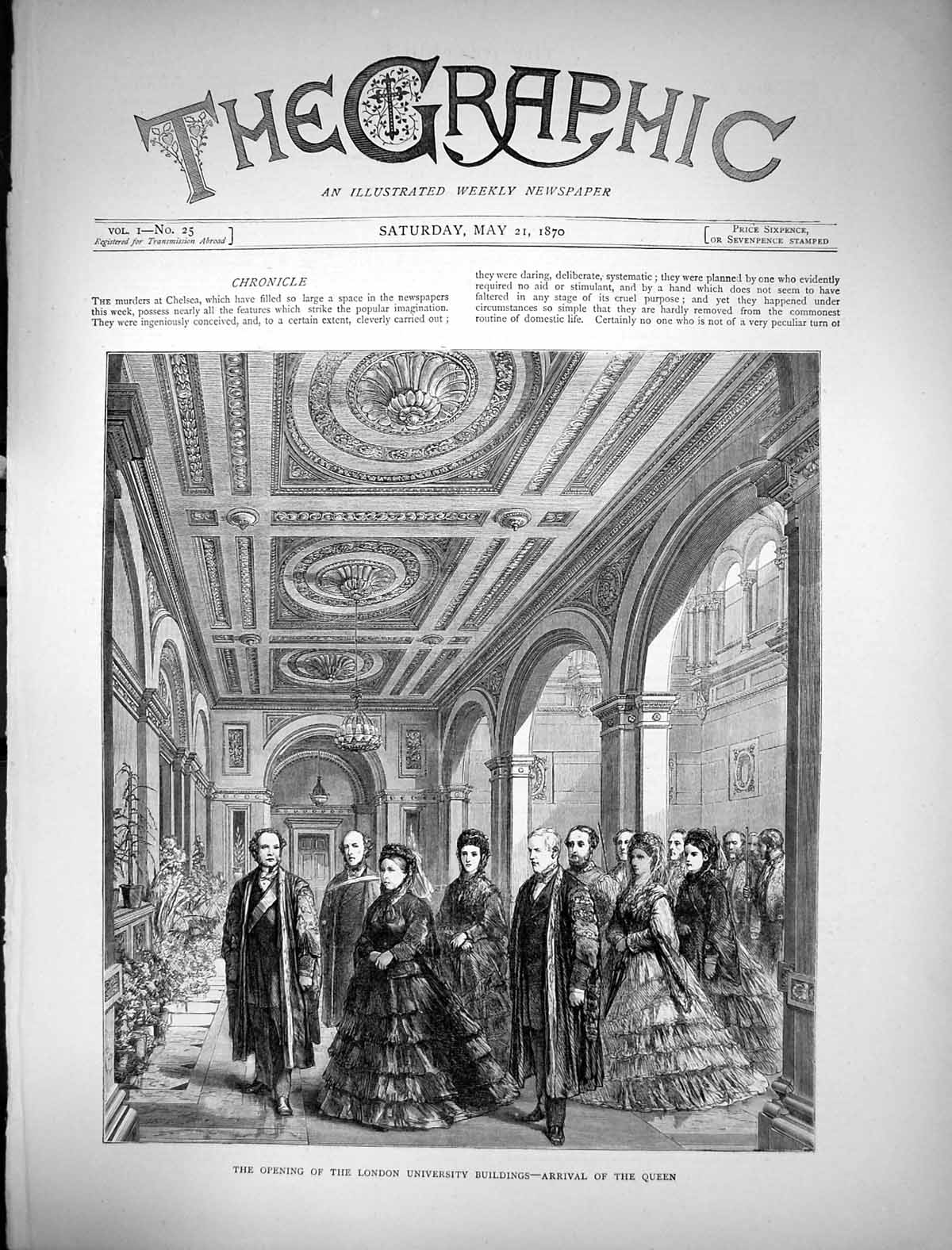 Old Antique Print 1870 Opening London University Buildings Arrival Queen 19th