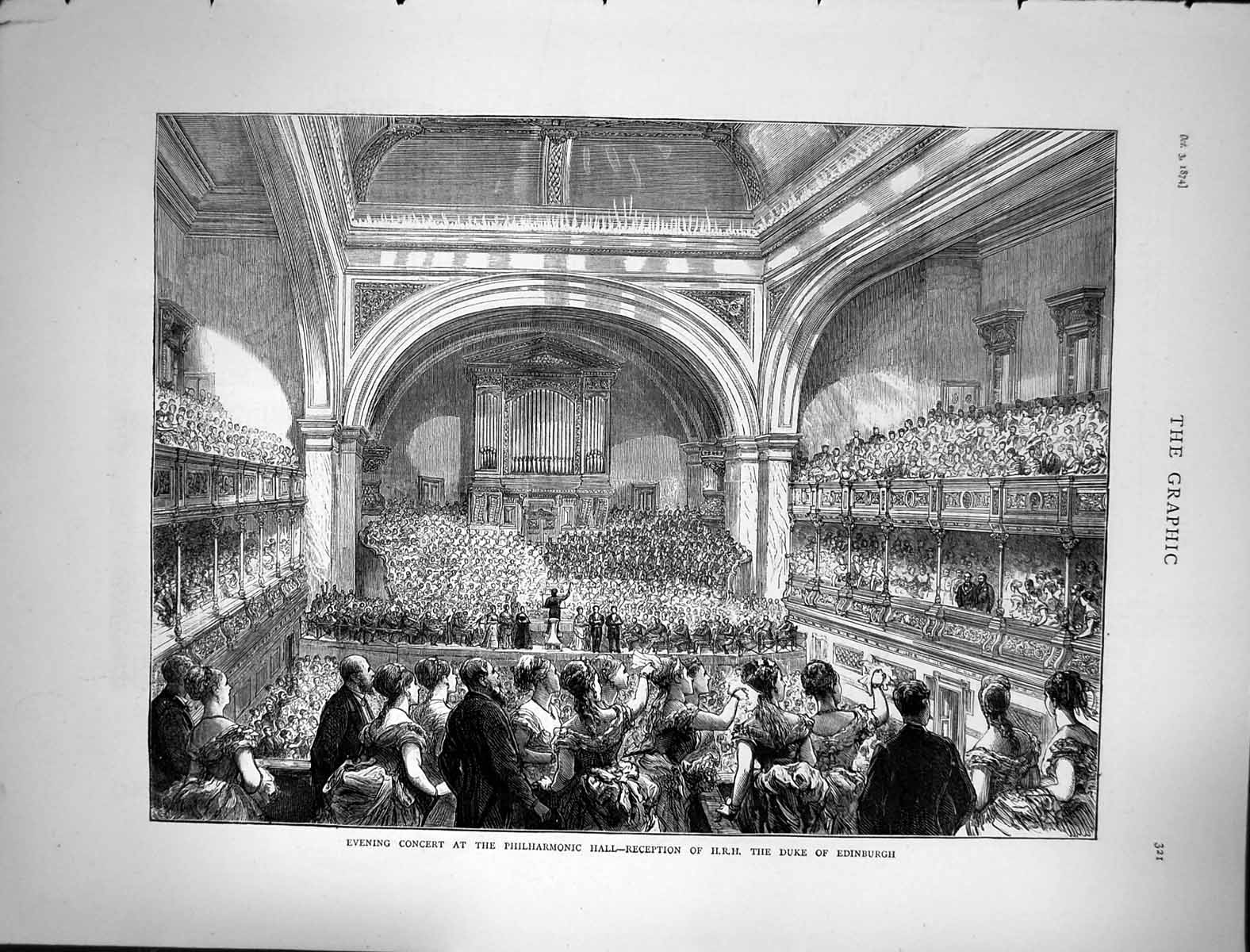 Old Print 1874 Evening Concert Philharmonic Hall Reception Duke Edinburgh 19th