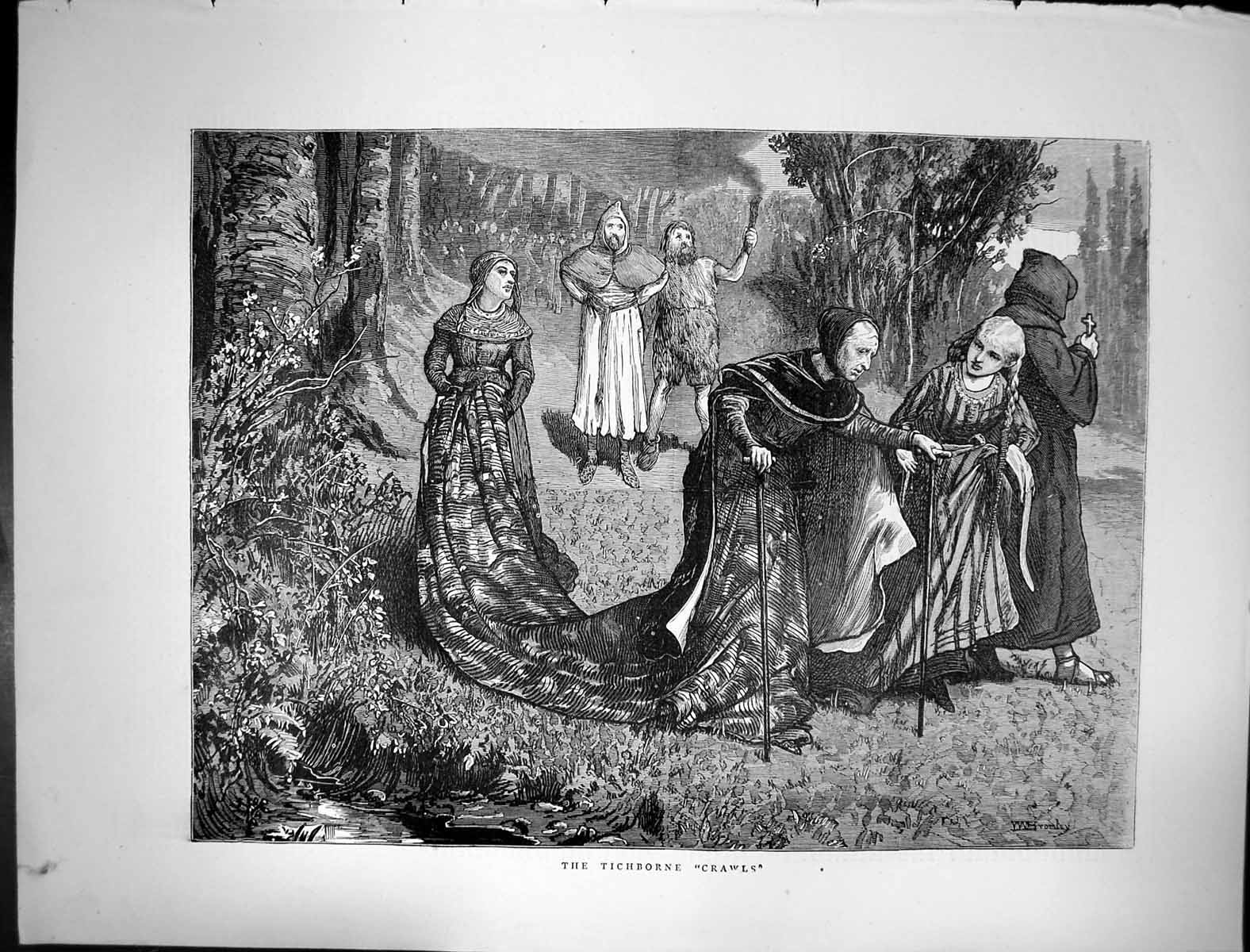 Original Old Antique Print Tichborne Crawls Man Torch Lady Walking Sticks
