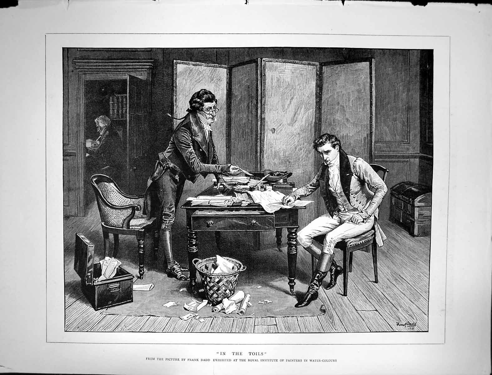 Old Antique Print In The Toils Frank Dadd Men Writing Table Paper Basket