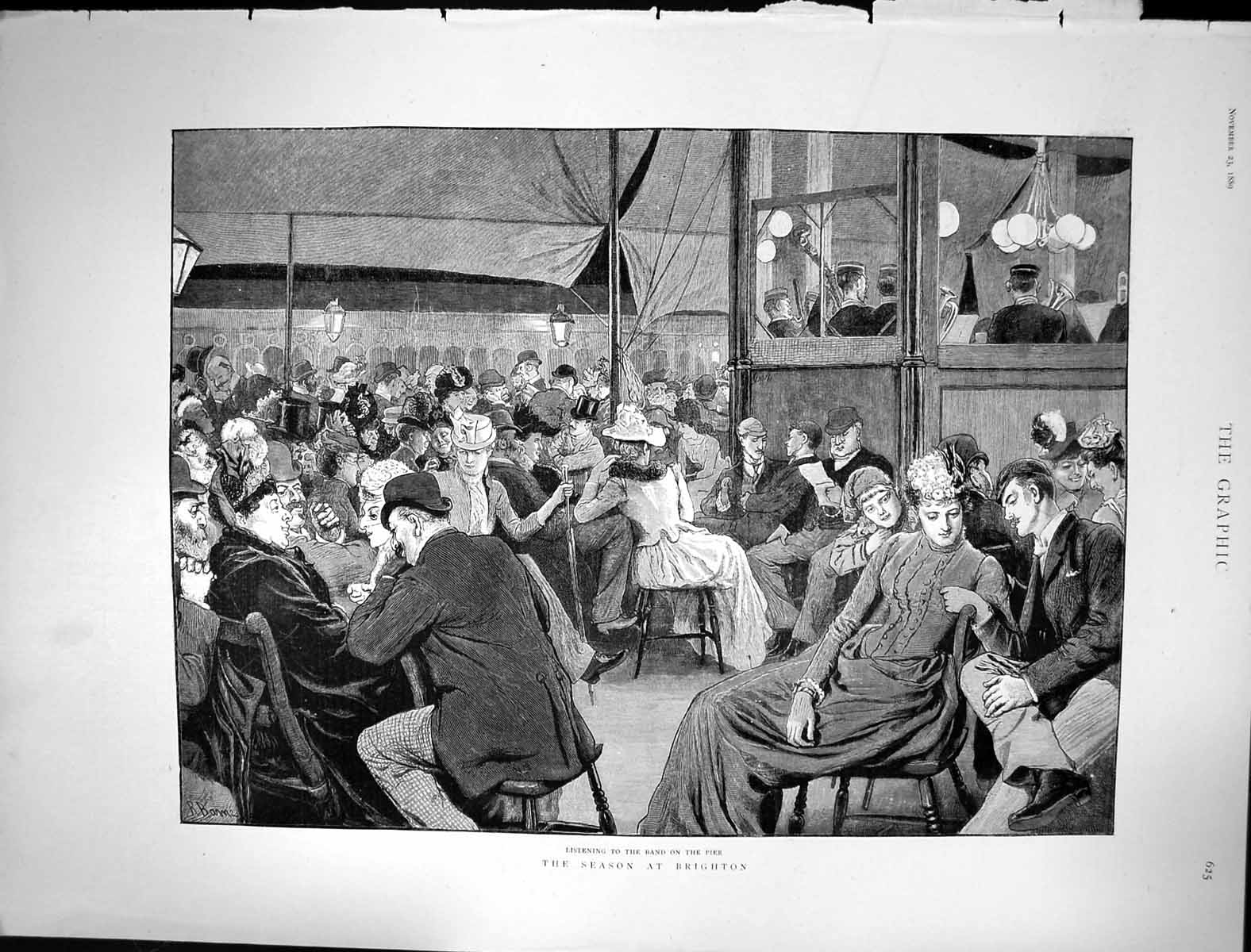 Antique Old Print 1889 Season Brighton Spectators Listening Music Band Pier