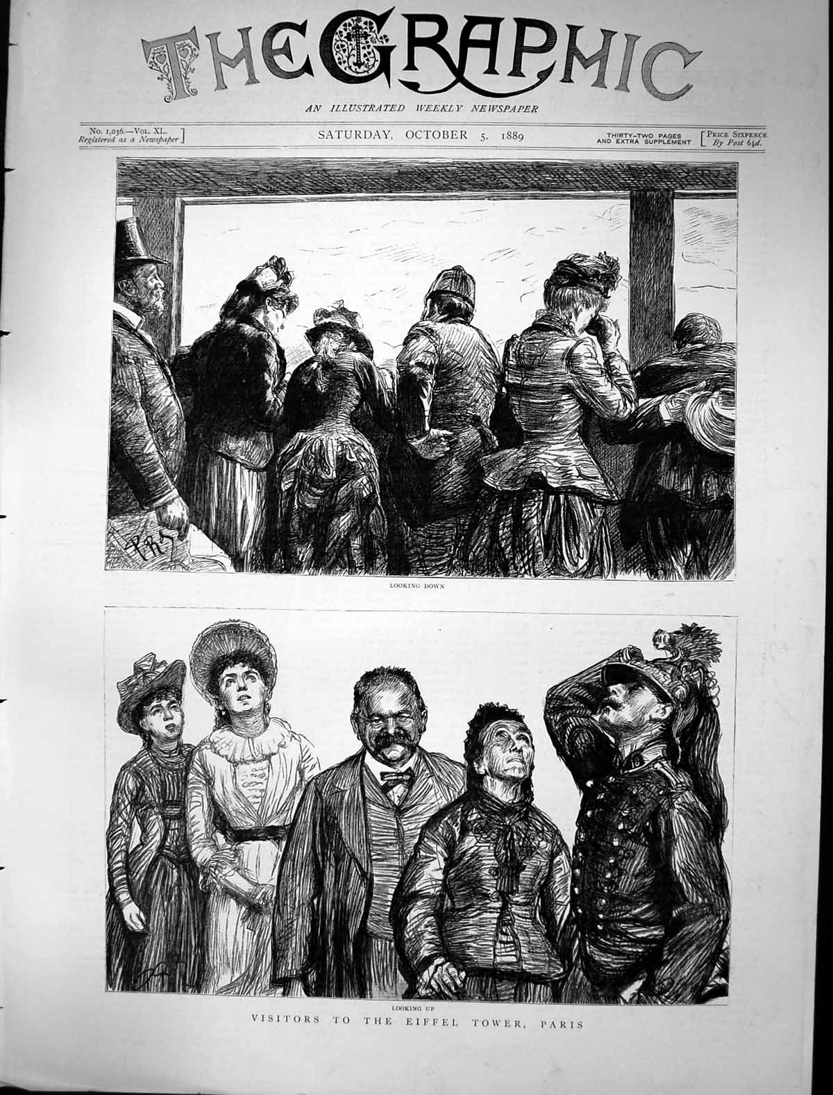 Original Old Antique Print 1889 Visitors Eiffel Tower Paris France Tourists