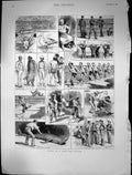 Old Print 1889 Long Sea Voyage Sailors Hauling Shark Deck Ship Albatross 19th