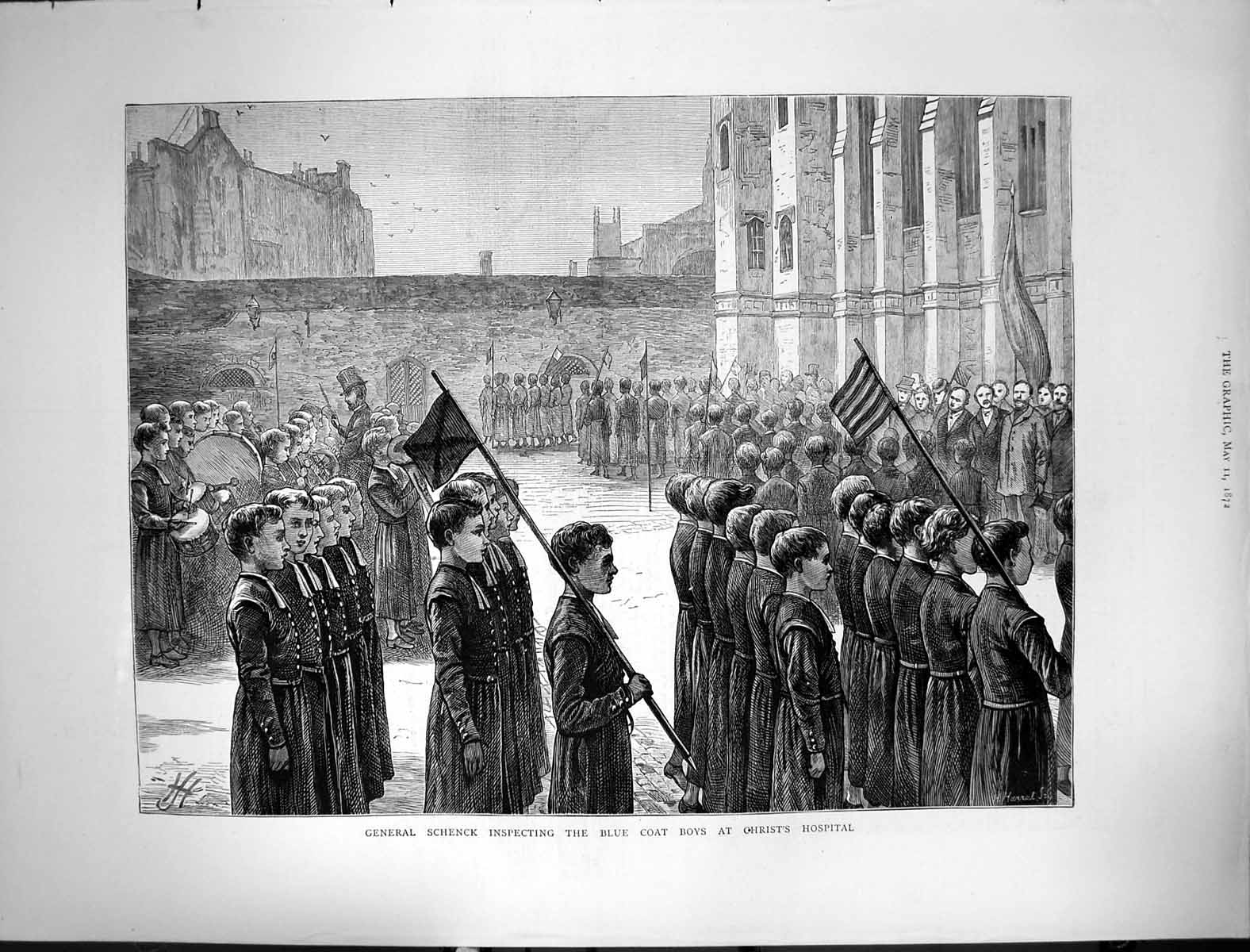 Old 1872 General Schenck Inspecting Blue Coat Boys Christ'S Hospital Victorian