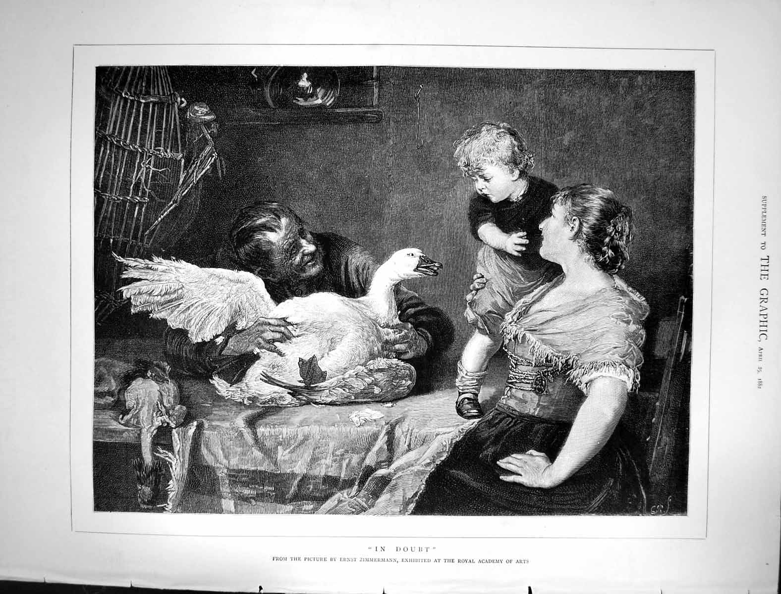 Antique Print 1882 In Doubt Mother Young Boy Man Goose Dinner Table Zimmerm