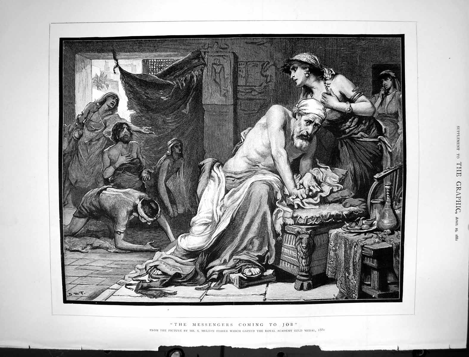 Original Old Antique Print 1882 Messenger Coming Job Melton Fisher Victorian