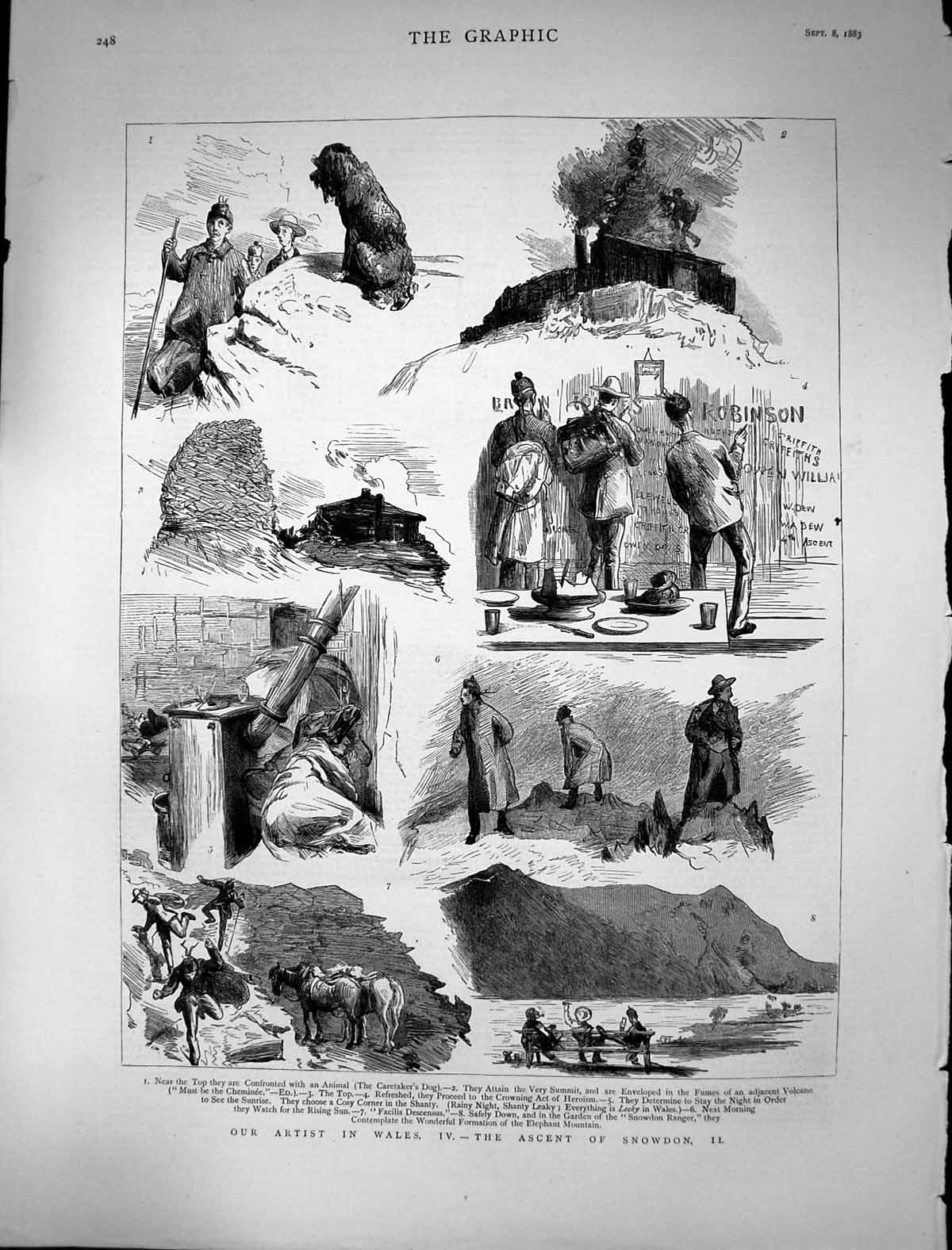 Original Old Antique Print 1883 Wales Ascent Snowdon Mountain Climing Victorian