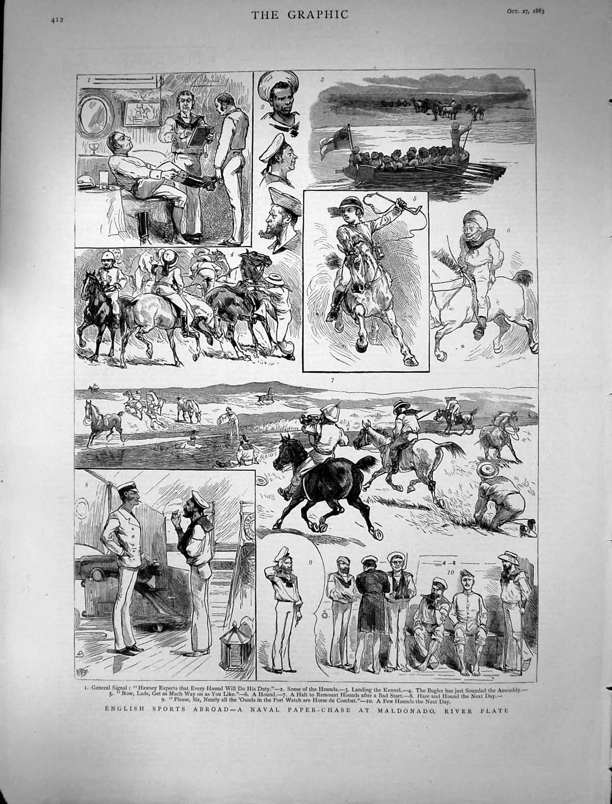 Old Print 1883 Navy Paper Chase Maldonado River Plate English Sailors War 19th