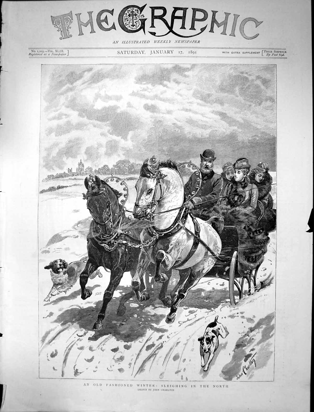 Antique Old Print 1891 Winter Transport Horses Sleighing North John Charlton