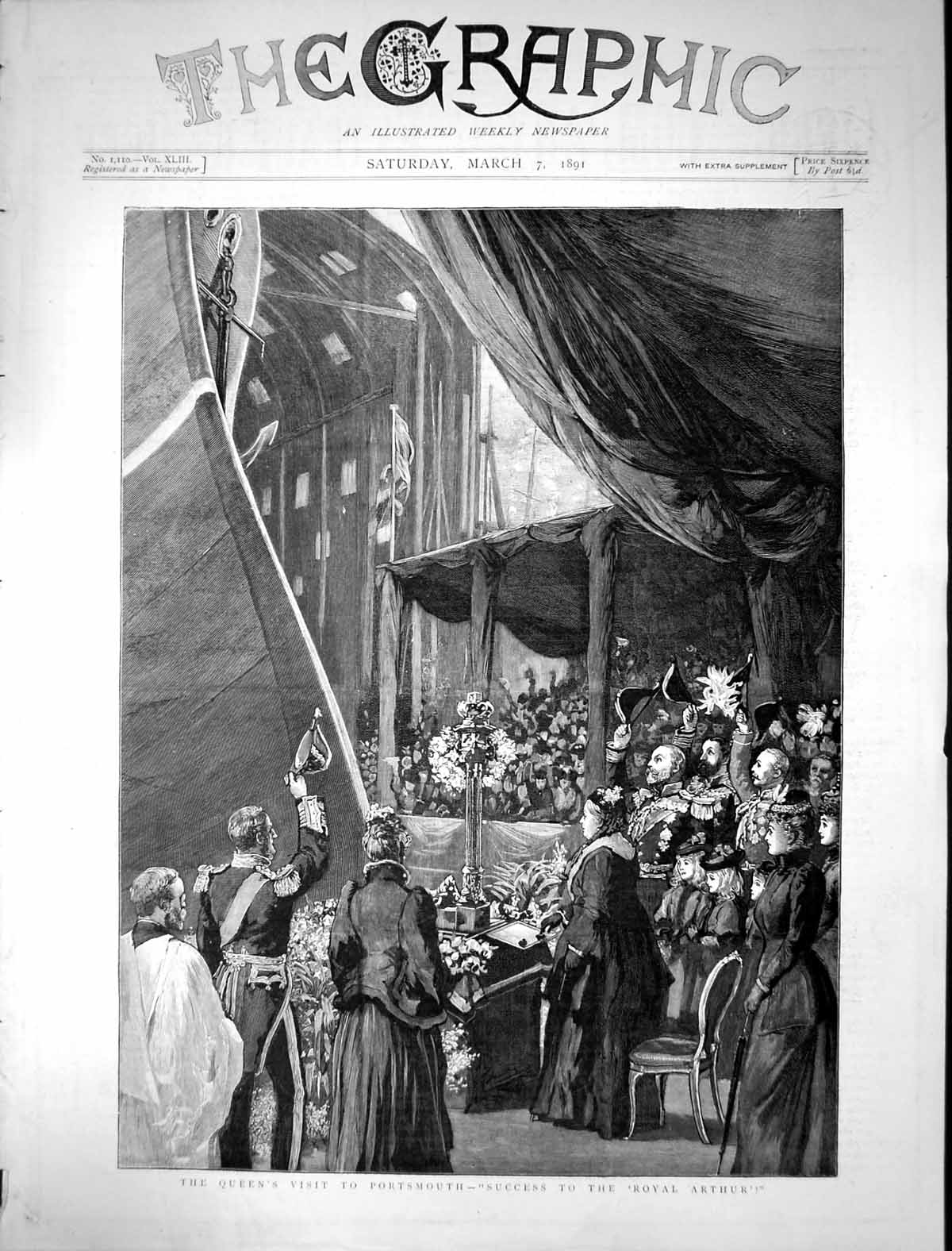 Old Antique Print 1891 Queen Visit Portsmouth Launching Royal Arthur Ship 19th