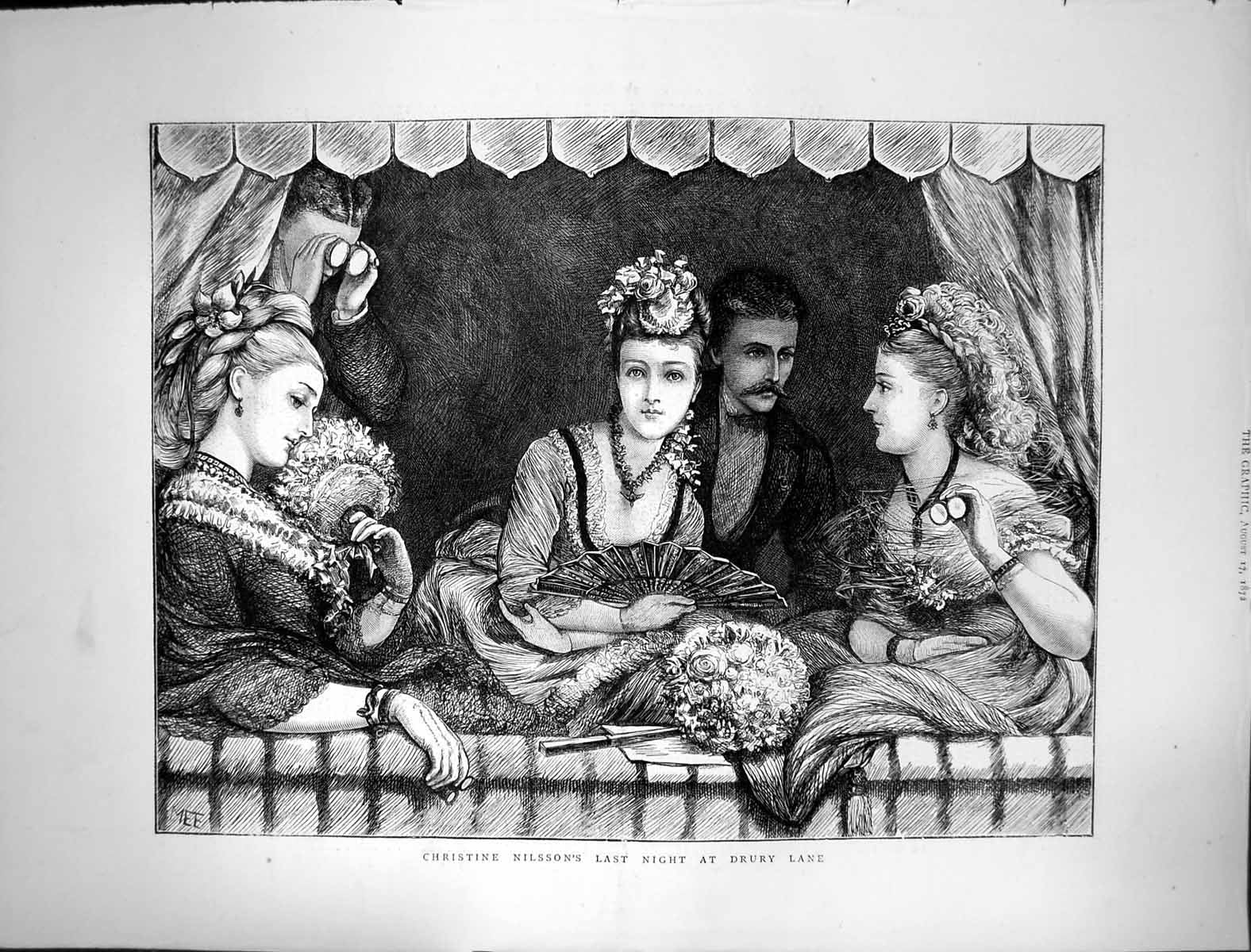 Old Print 1872 Christine Nilsson Last Night Drury Lane Theatre Spectators 19th
