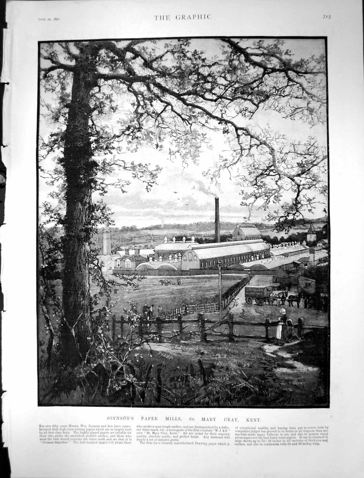 Antique Old Print 1891 View Joynson'S Paper Mills St. Mary Cray Kent England