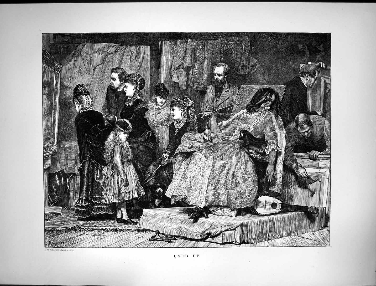 Original Old Antique Print 1870 Used Up Art Paintings Woman Sleeping Chair 19th