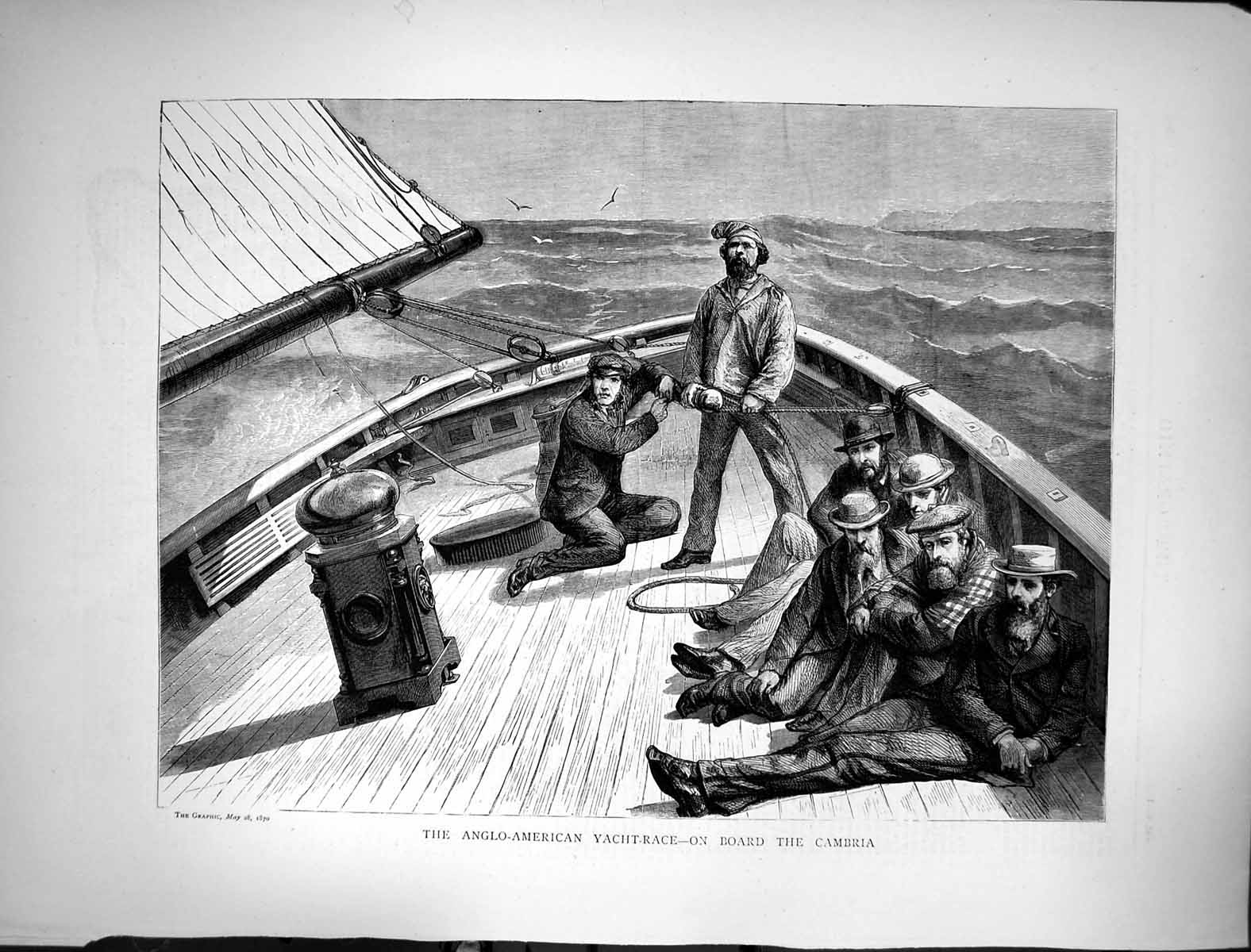 Antique Old Print 1870 Anglo-American Yacht Race Scene Board Cambria Sport 19th
