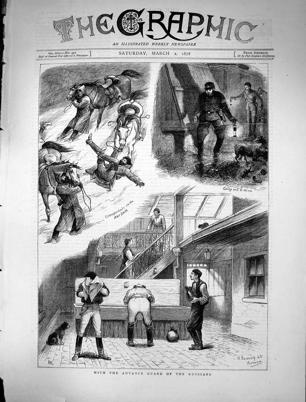 Old Antique Print 1878 Advance Guard Russians War Correspondents Horses 19th