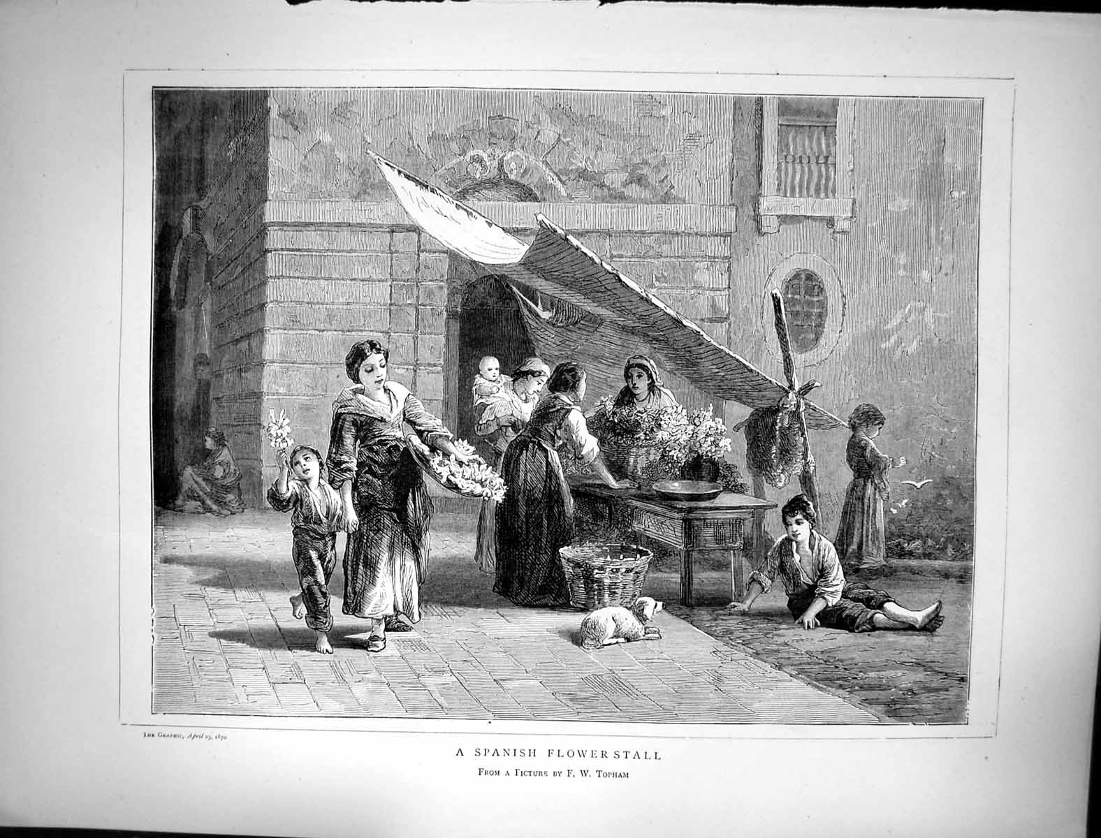 Original Old Antique Print 1870 Spanish Flower Stall Street Market Spain Topham