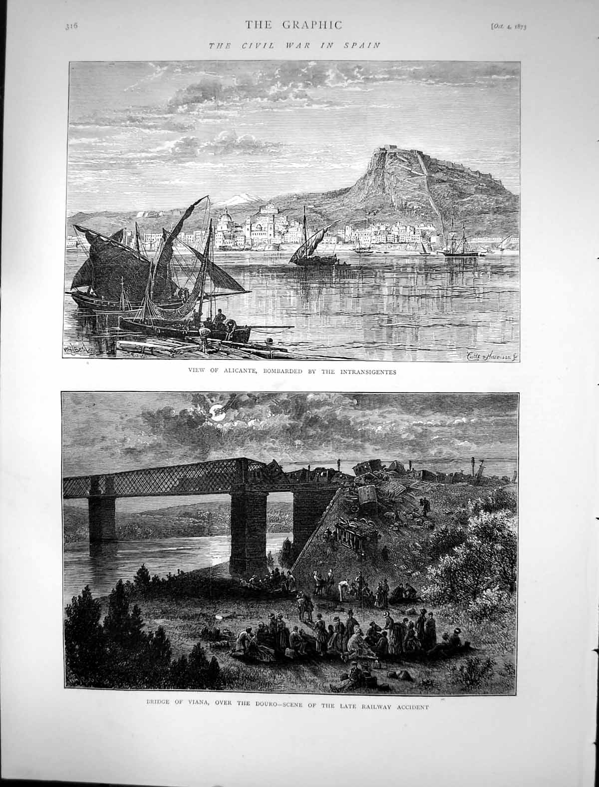 Old 1873 Civil War Spain Alicante Intransigentes Bridge Viana Douro T Victorian