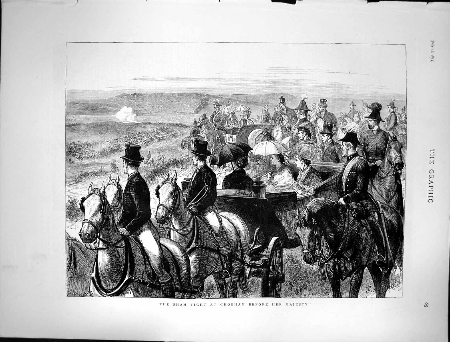 Antique Old Print 1874 War Sham Fight Chobham Majesty Queen Horses Transport