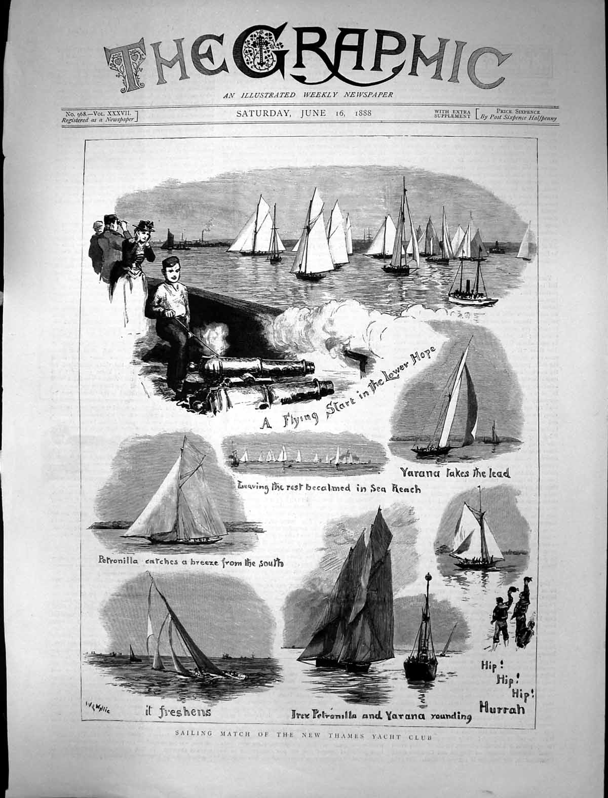 Antique Print 1888 Sailing Match Thames Yacht Club Petronilla Yarana Sport 19th
