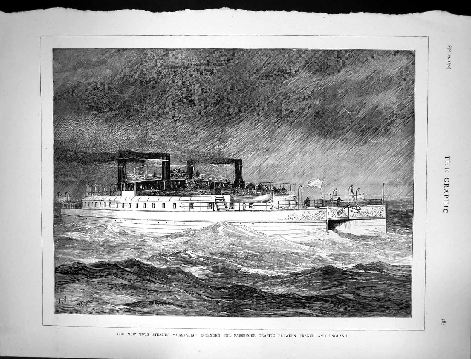 Old 1874 Twin Steamer Castalia Passenger Traffic France England Ship Victorian