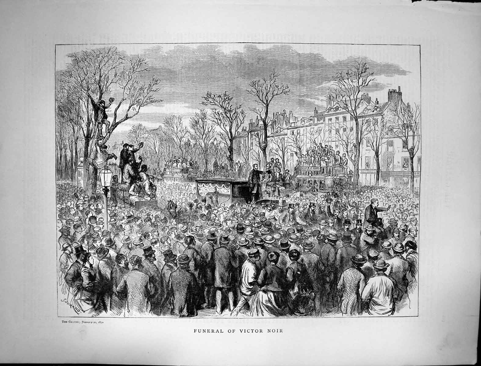 Original Old Antique Print 1870 Scene Funeral Victor Noir Procession Street