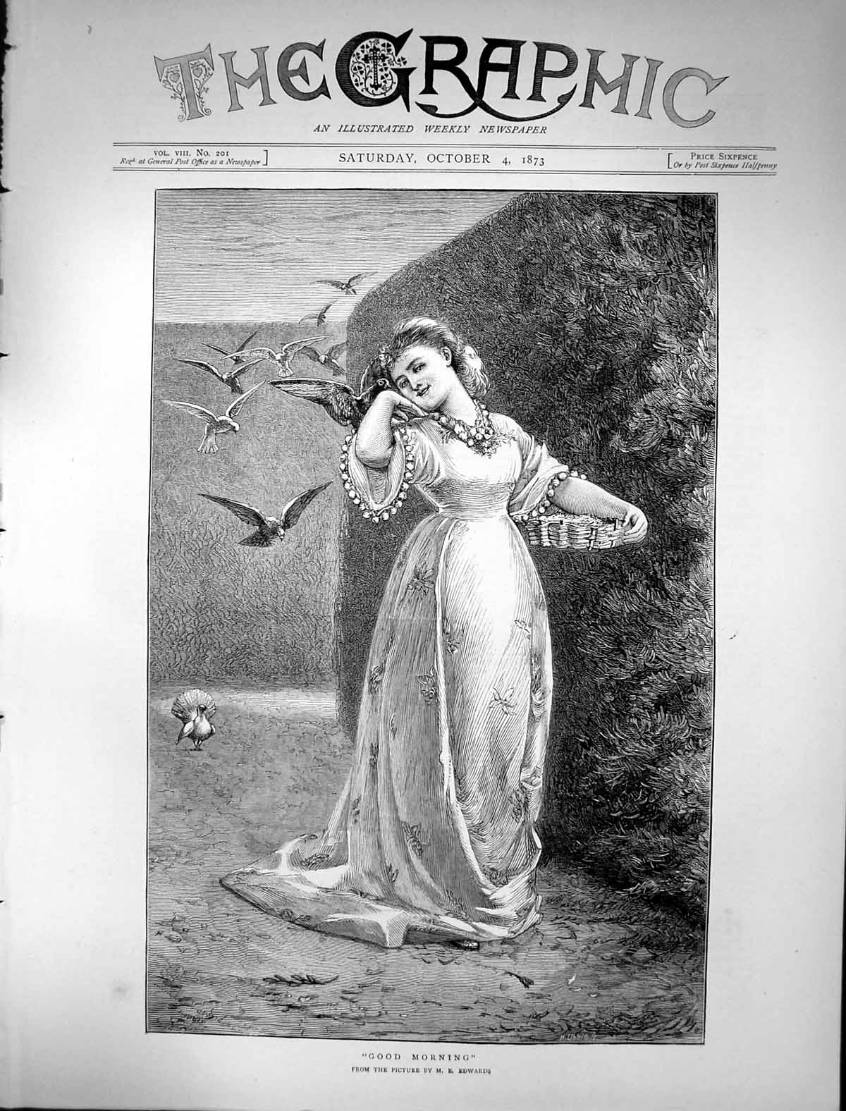 Old 1873 Portrait Beautiful Woman Garden Scene Birds Good Morning Edw Victorian