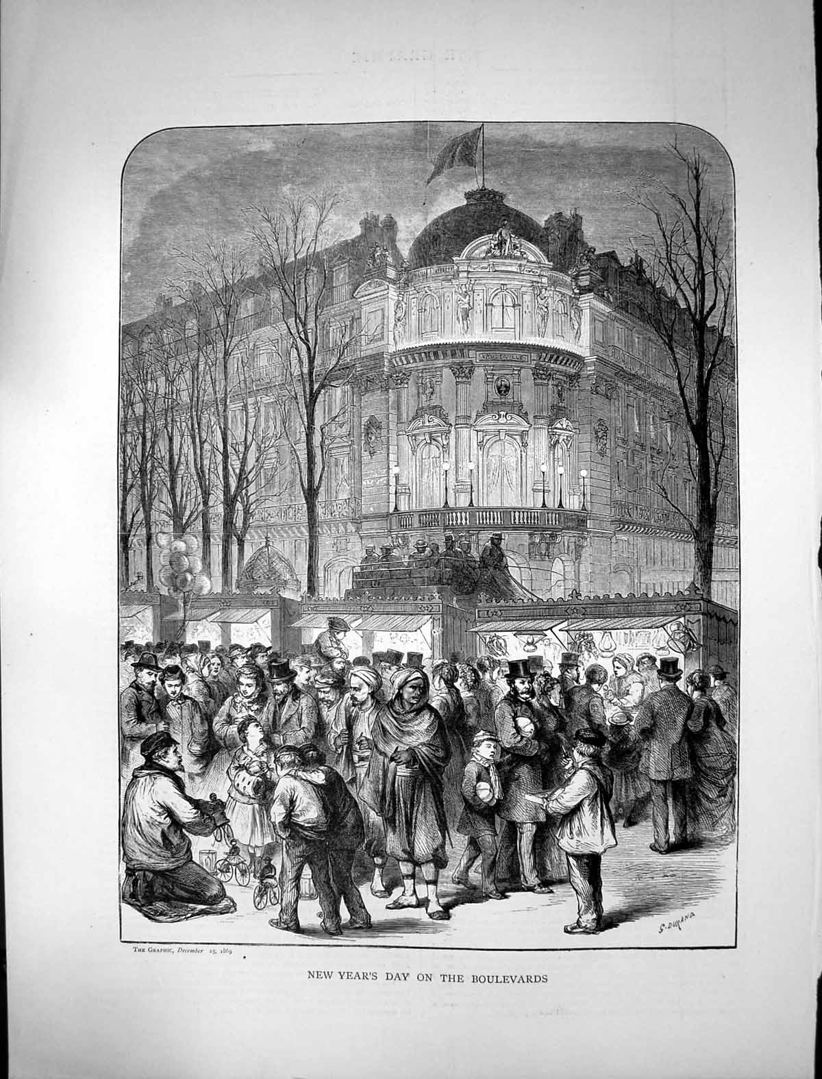 Original Old Antique Print 1869 Street Scene New Year'S Day Boulevards 19th