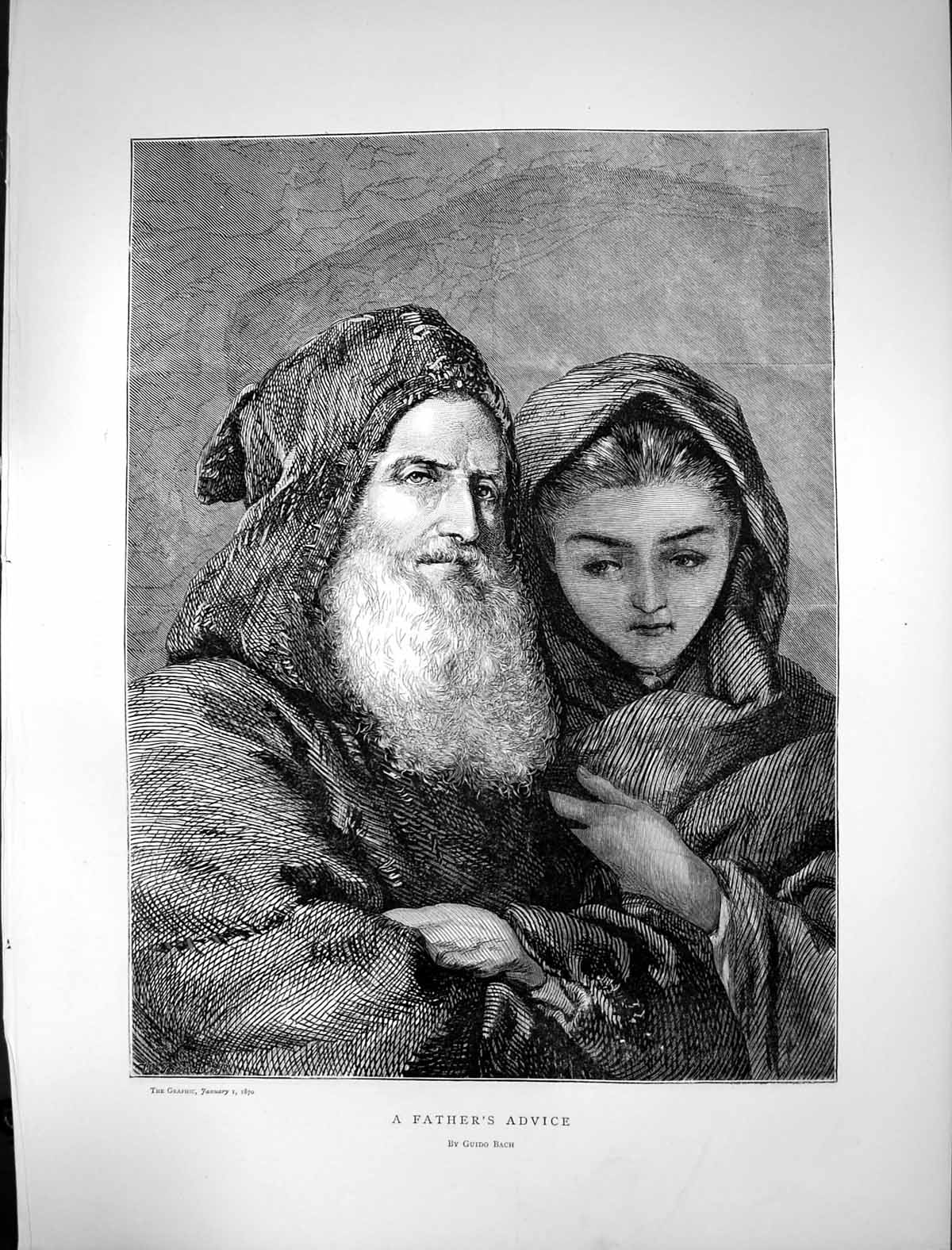Original Old Antique Print 1870 Young Girl Father'S Advice Guido Bach Victorian