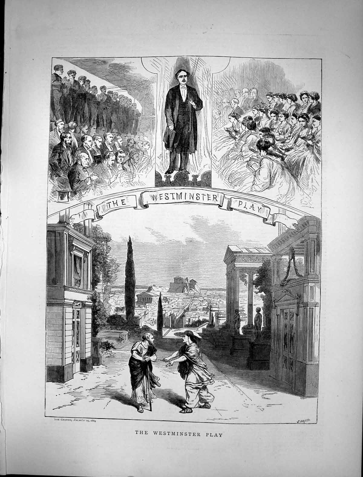 Original Old Antique Print 1869 Westminster Play Theatre Scene Actors Audience