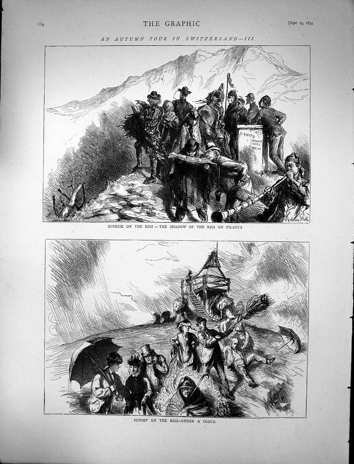 Antique Old Print 1874 Switzerland Sunrise Rigi Shadow Pilatus Sunset Rain 19th