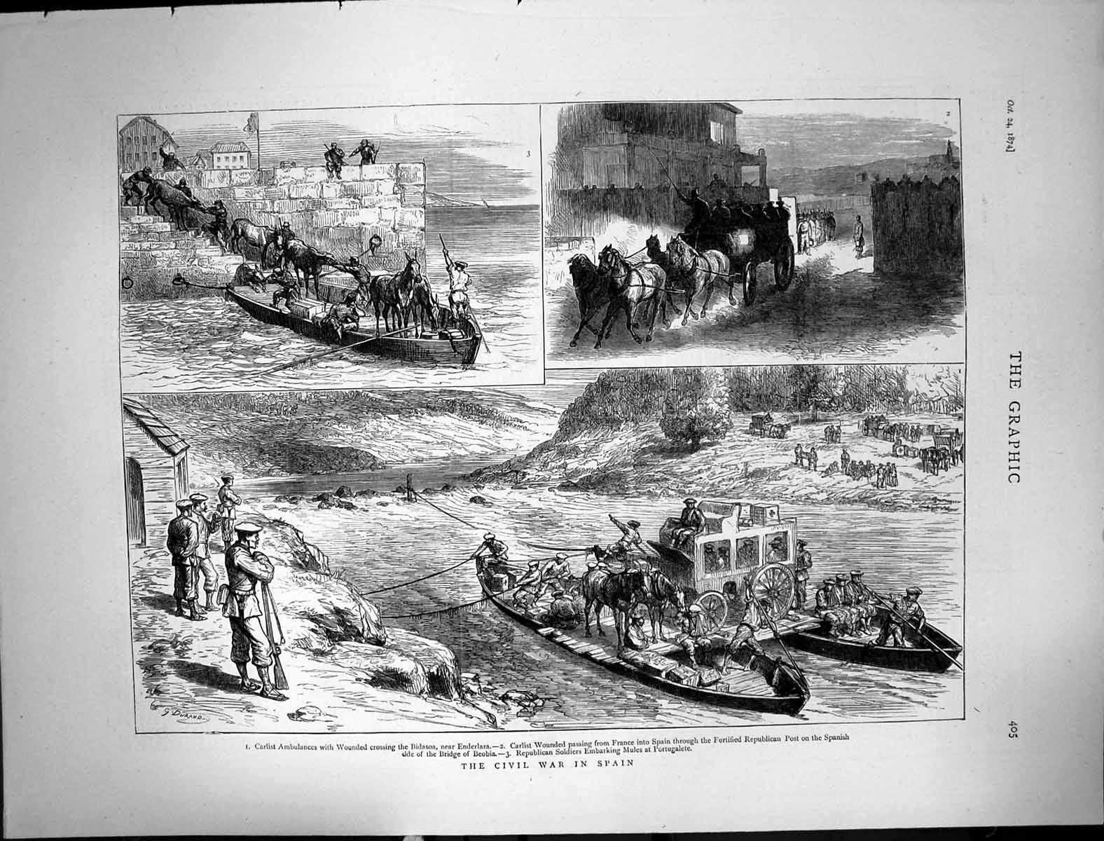 Old Print 1874 Civil War Spain Carlist Ambulances Bidasoa River Siers Po 19th