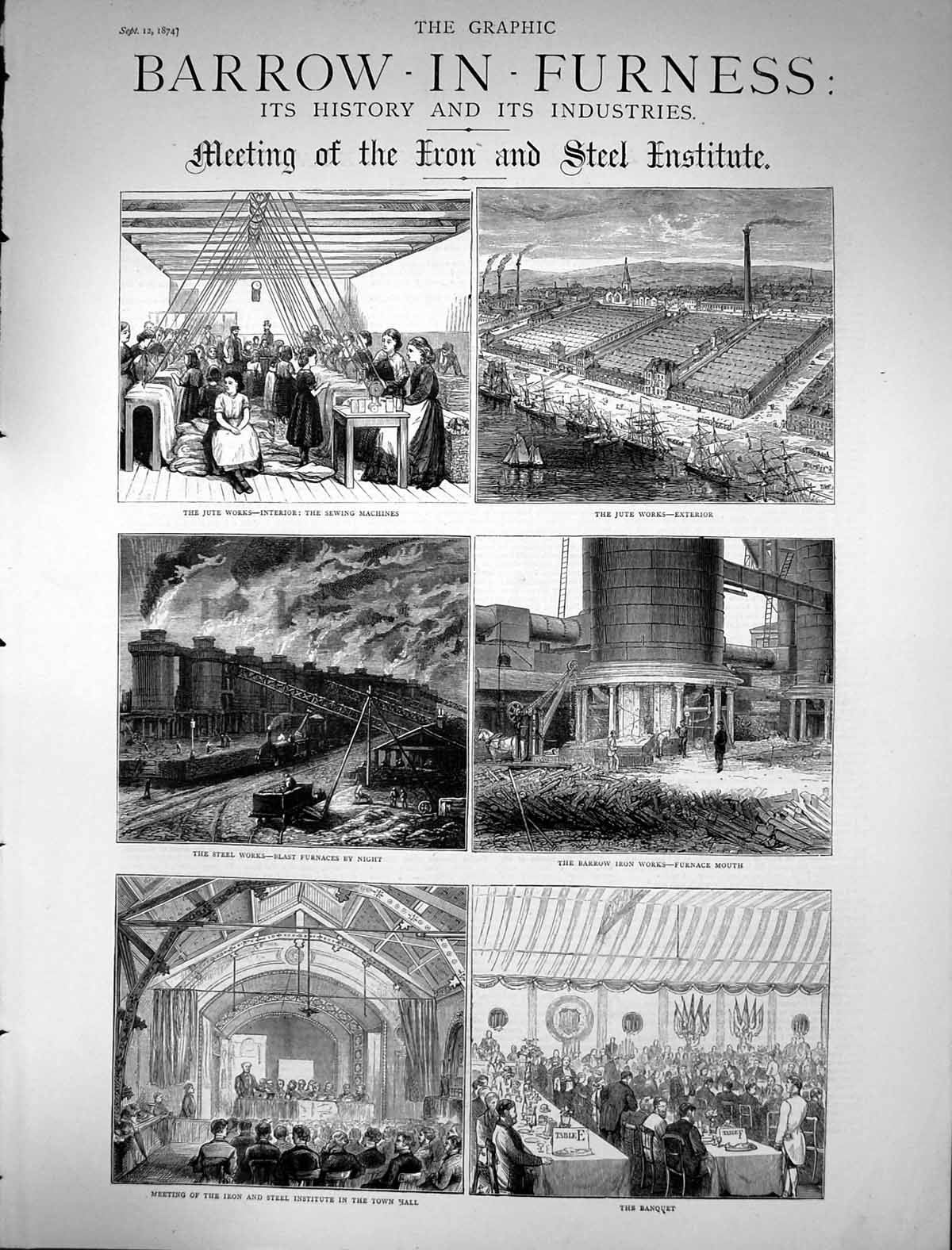Old 1874 Barrow-In-Furness Jute Works Steel Blast Furnace Banquet Tow Victorian