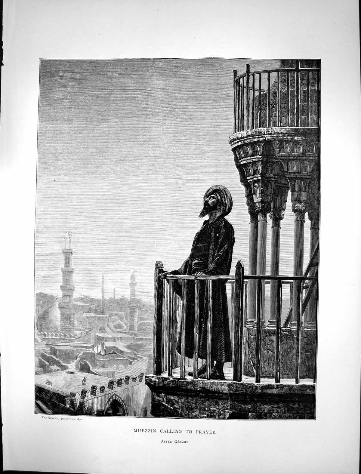 Original Old Antique Print 1870 Scene Muezzin Calling To Prayer After Gerome