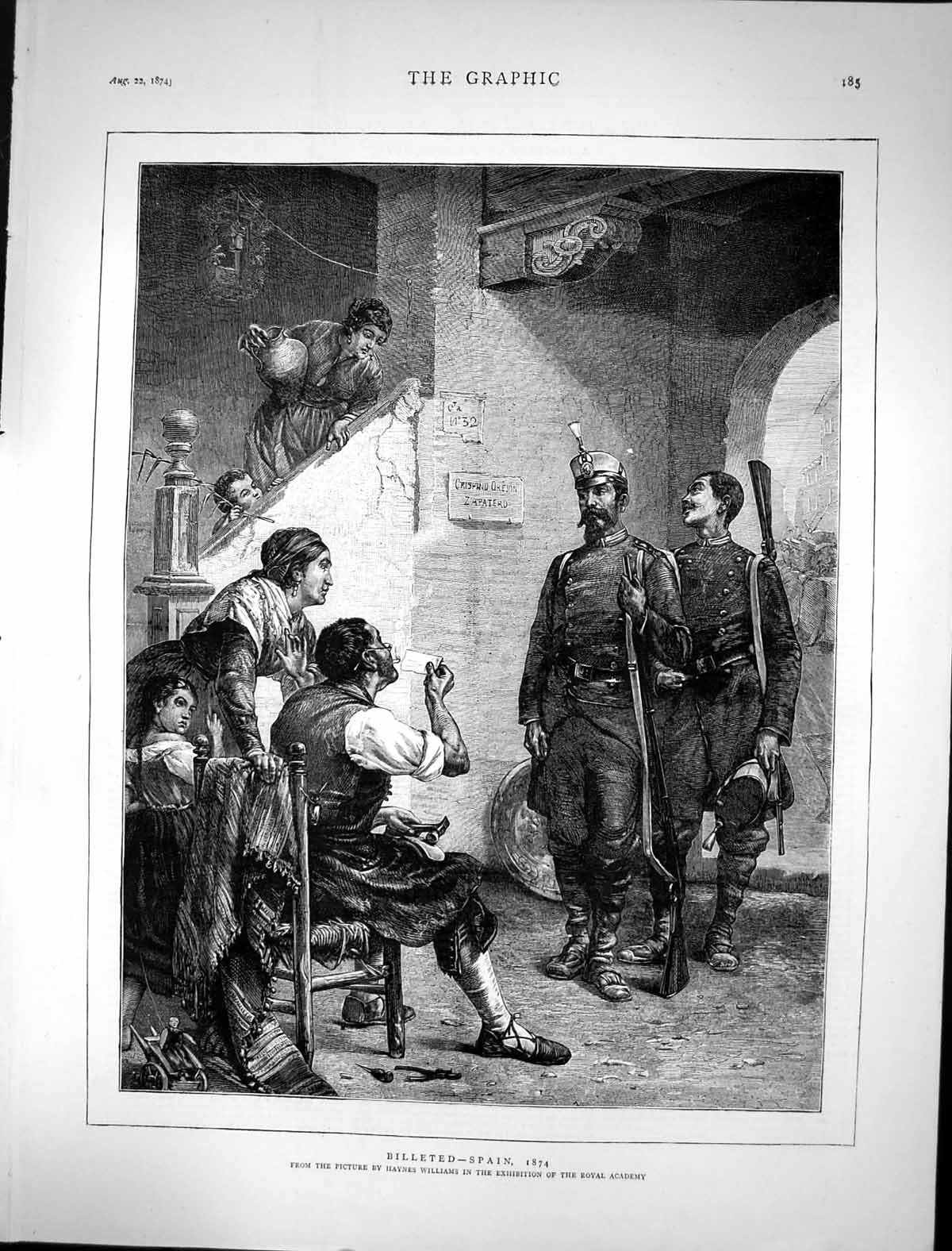Original Old Antique Print 1874 Billeted Spain War Siers Haynes Williams 19th