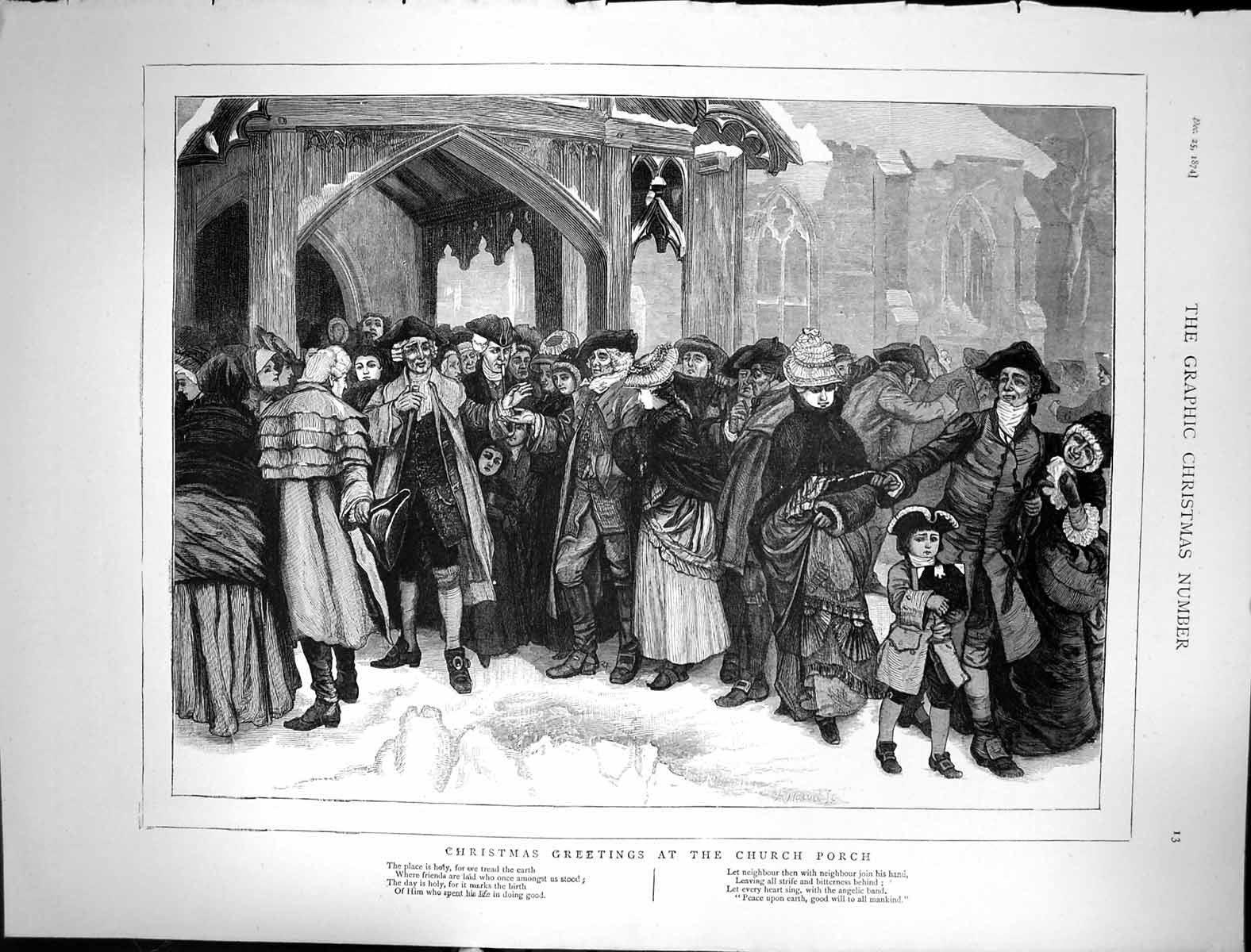 Original Old Antique Print 1874 Christmas Greeting Church Porch Families 19th