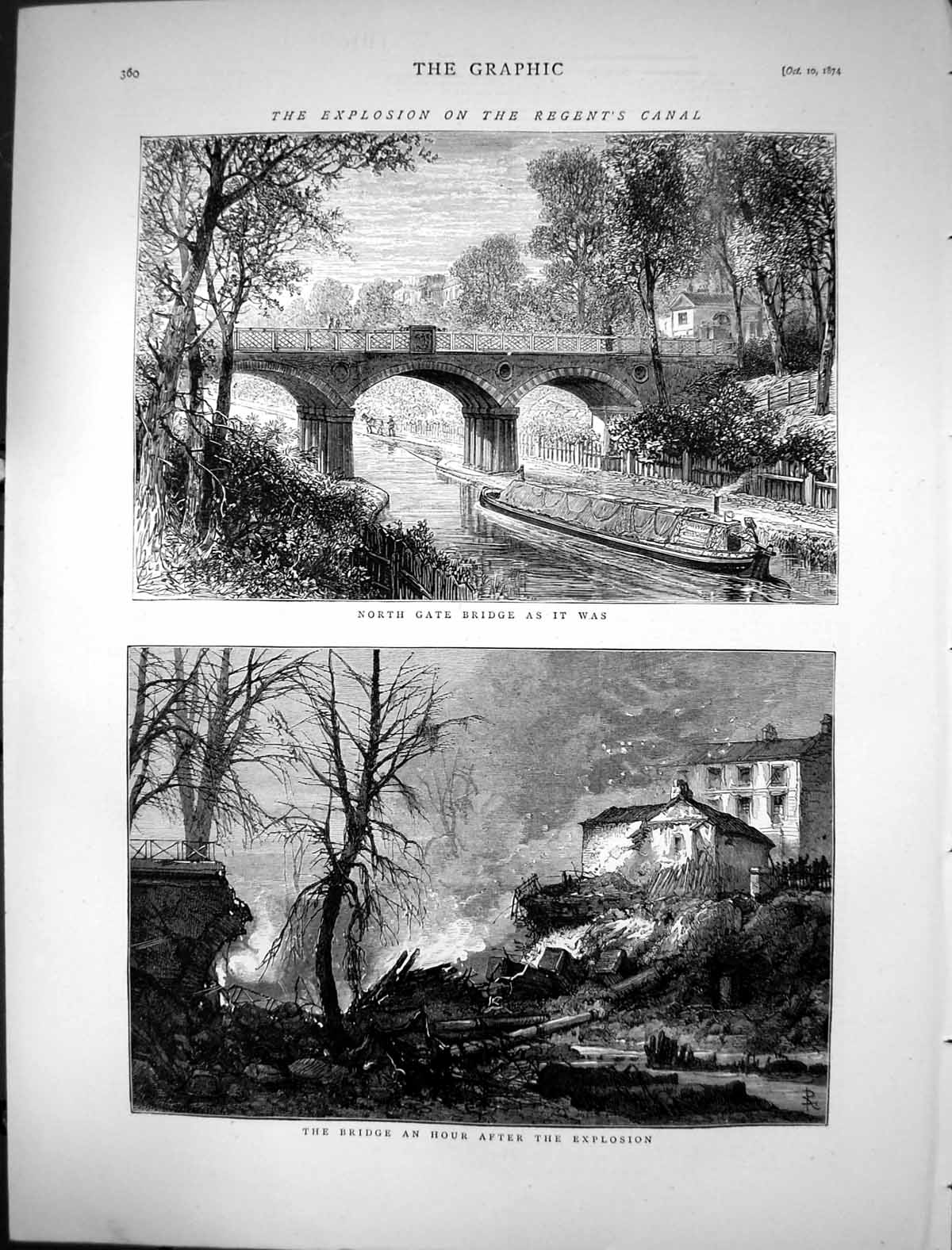 Old Antique Print 1874 Explosion Regent'S Canal North Gate Bridge Boats 19th