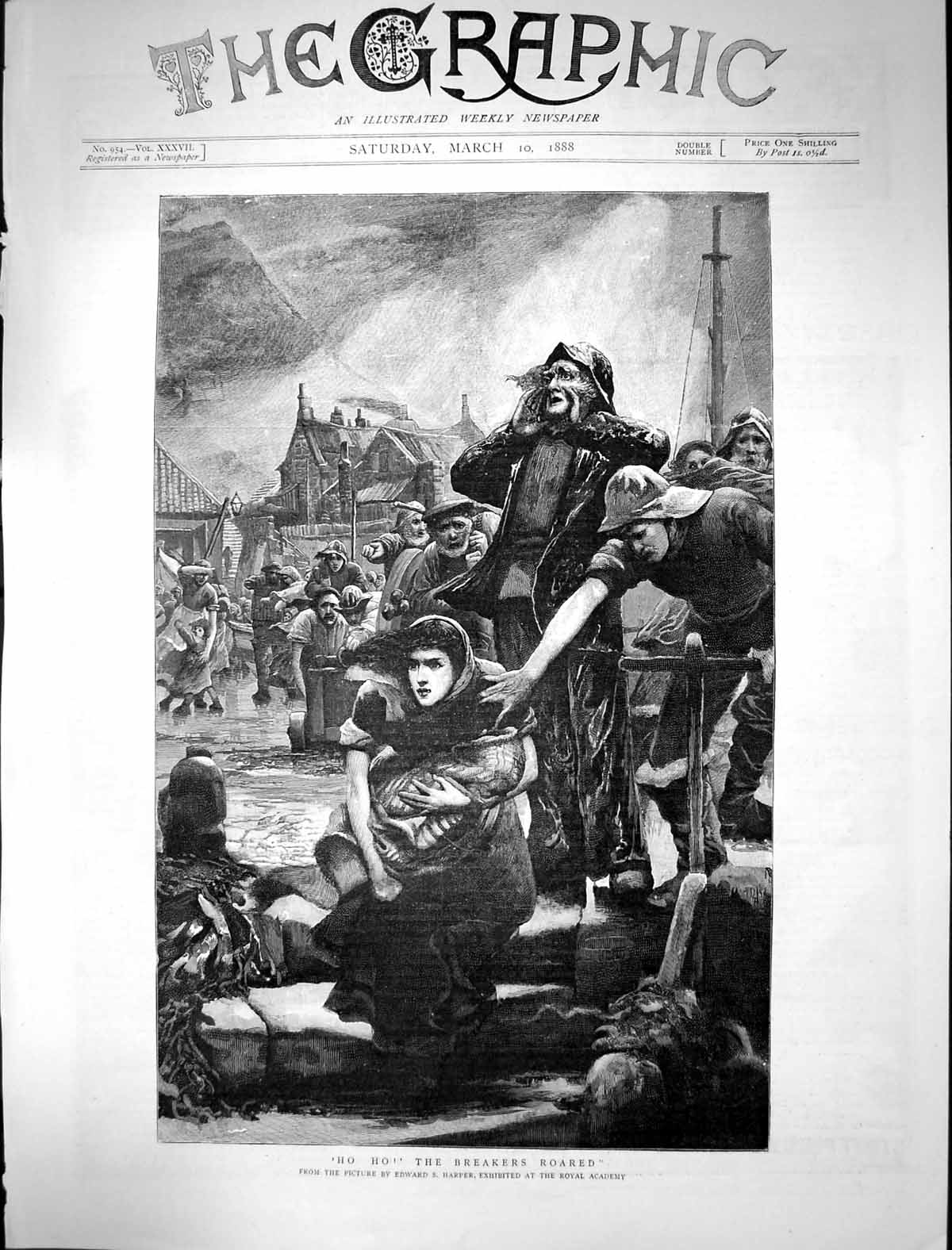 Antique Old Print 1888 Breakers Roared Fishermen Wife Children Edward Harper