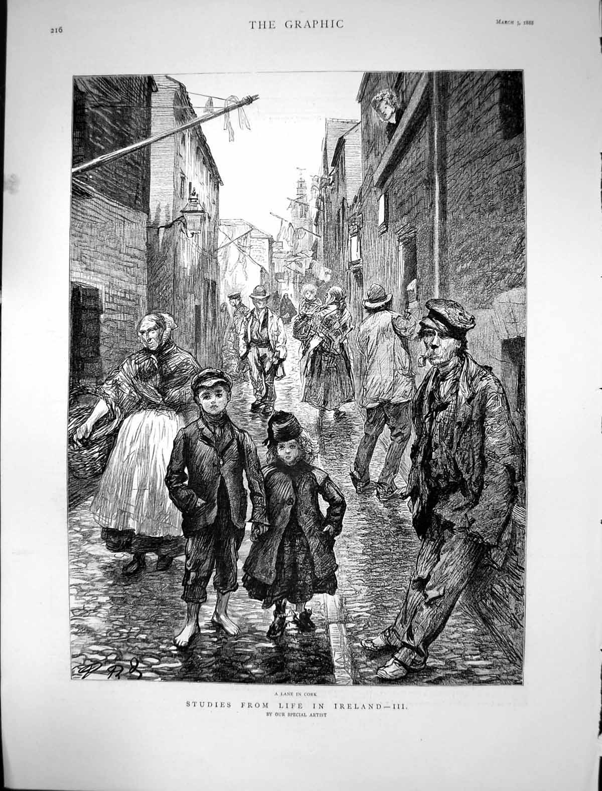 Old 1888 Studies Life Ireland Street Scene Children Man Smoking Pipe Victorian