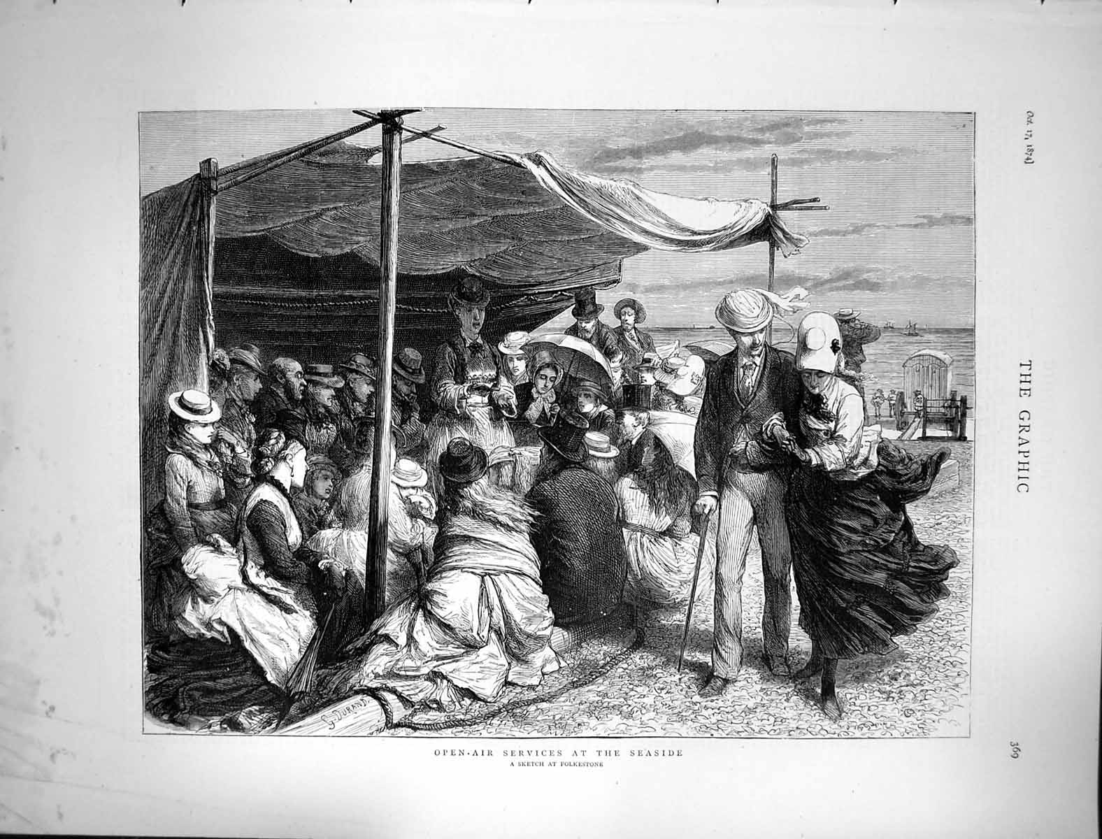 Old Antique Print 1874 Open Air Services Seaside Folkestone Beach Scene 19th