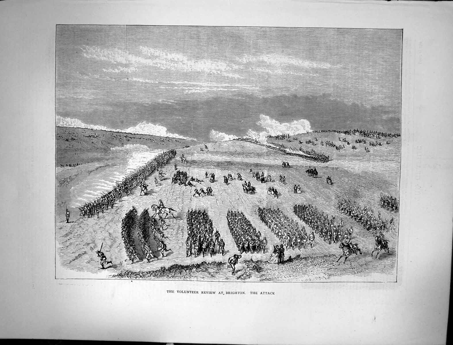 Original Old Antique Print Volunteer Review Brighton 1870 Siers Attack War 19th