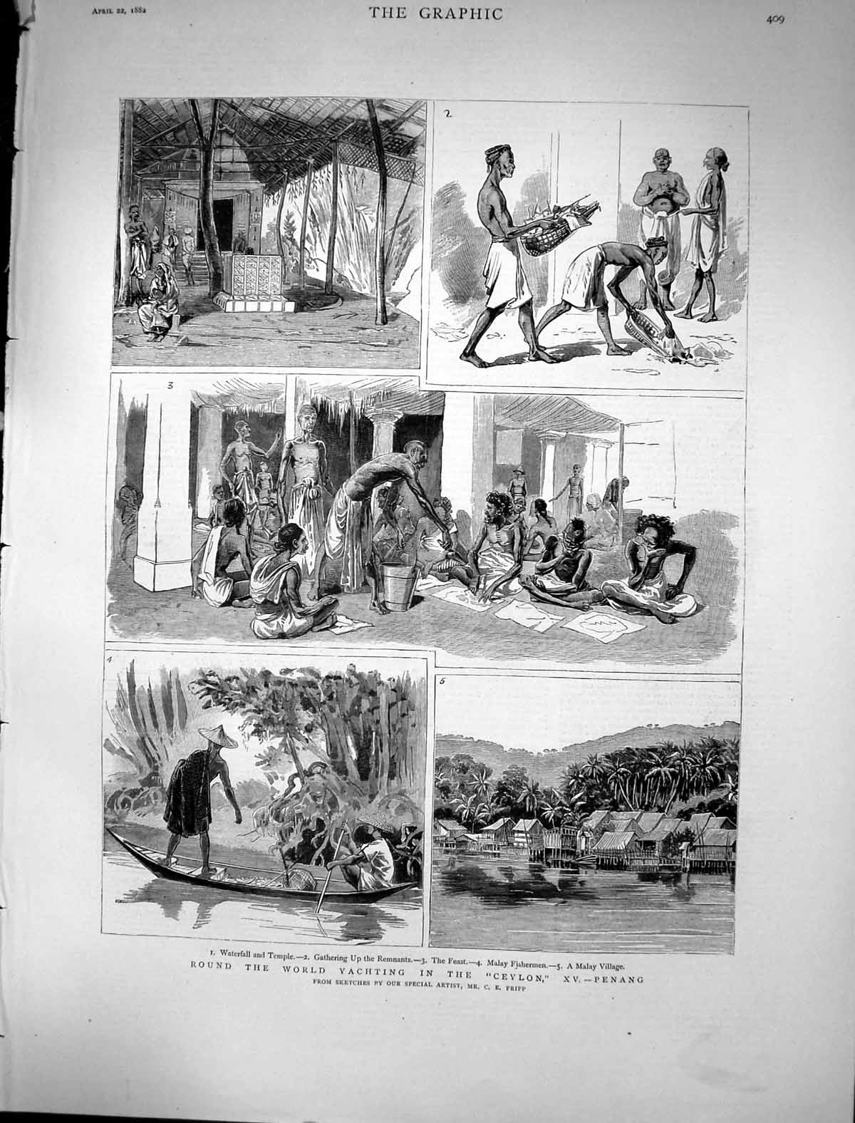 Antique Print 1882 Round World Yachting Ceylon Malay Fishermen Penang Fripp