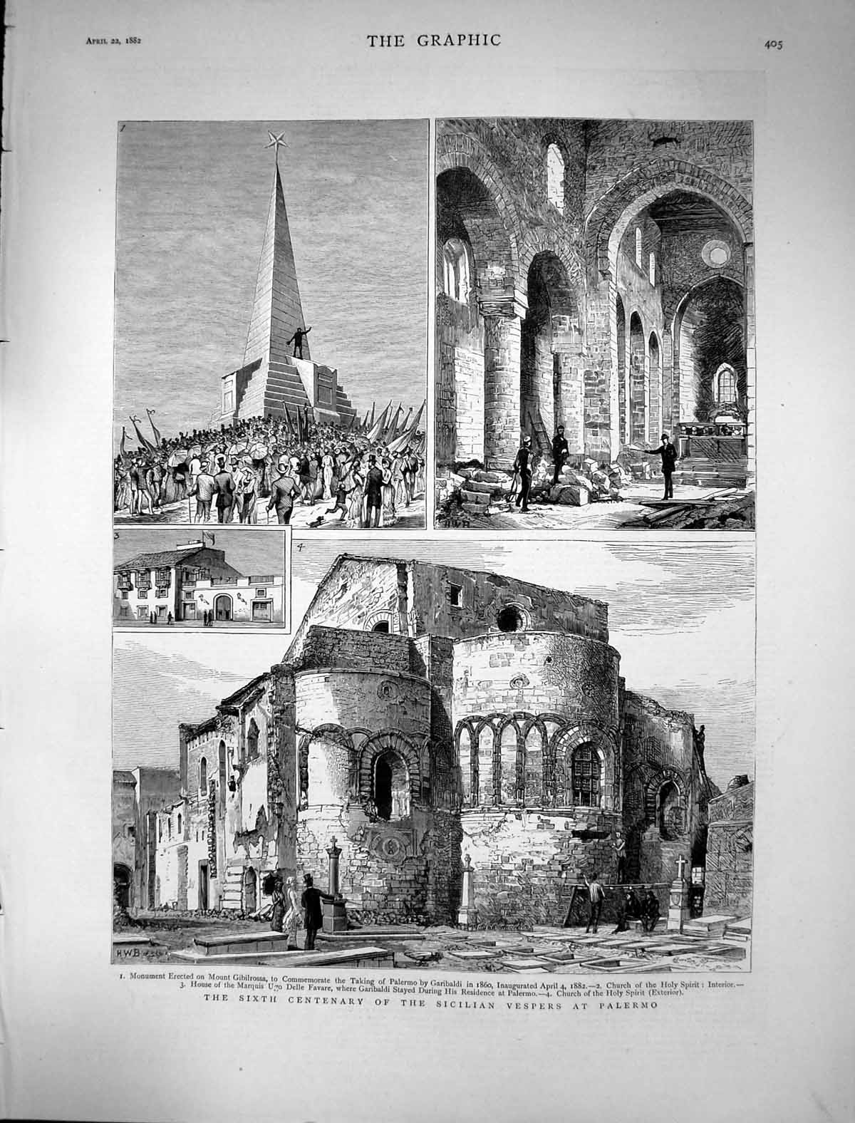 Old 1882 Sicilian Vespers Palermo Monument Mount Gibilrossa Garibaldi Victorian