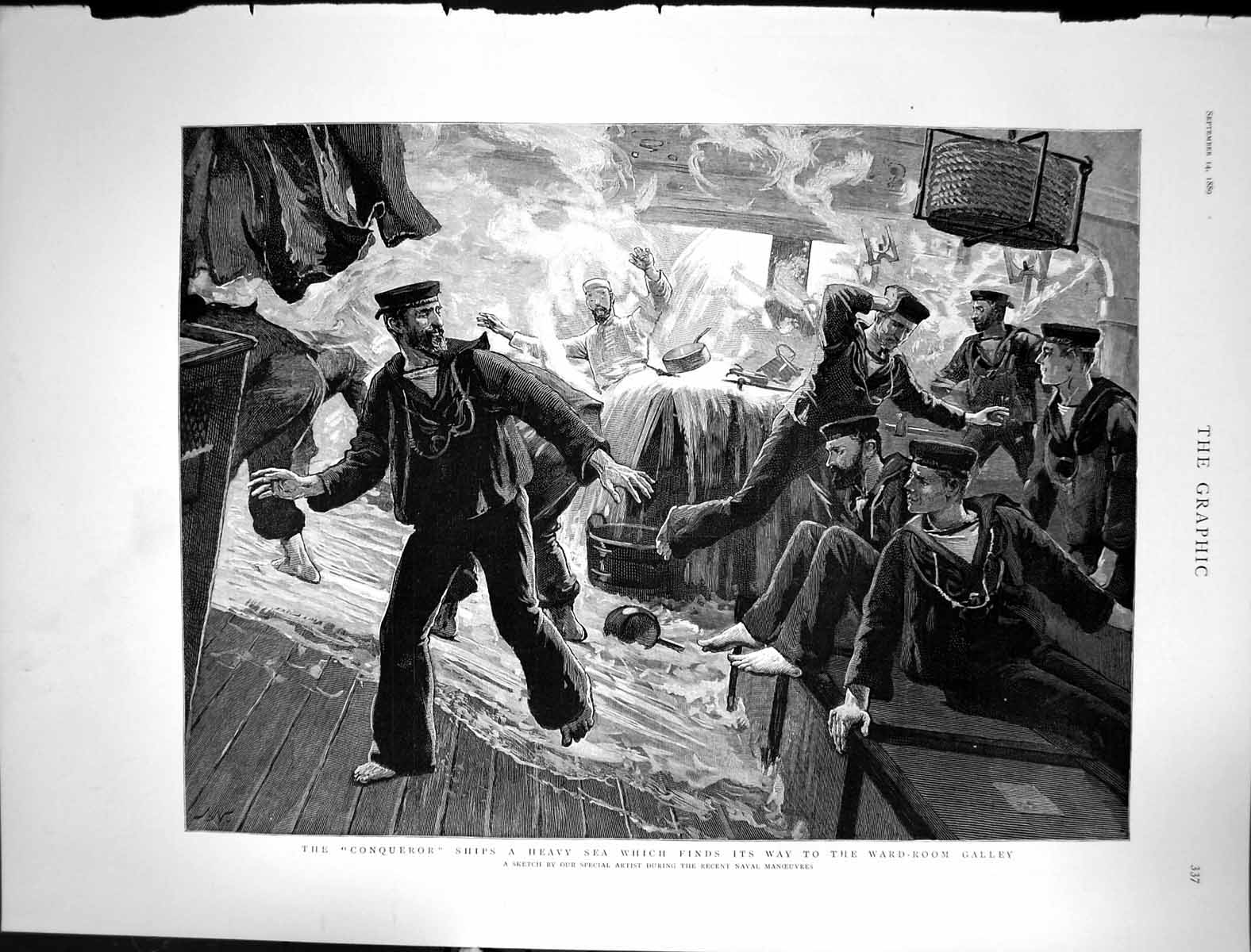 Antique Old Print 1889 Conqueror Ship Heavy Sea Ward Room Galley Navy Sailors