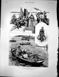 Antique Print 1889 Low Country Pier Loungers Market Boats Milk Maid Holland