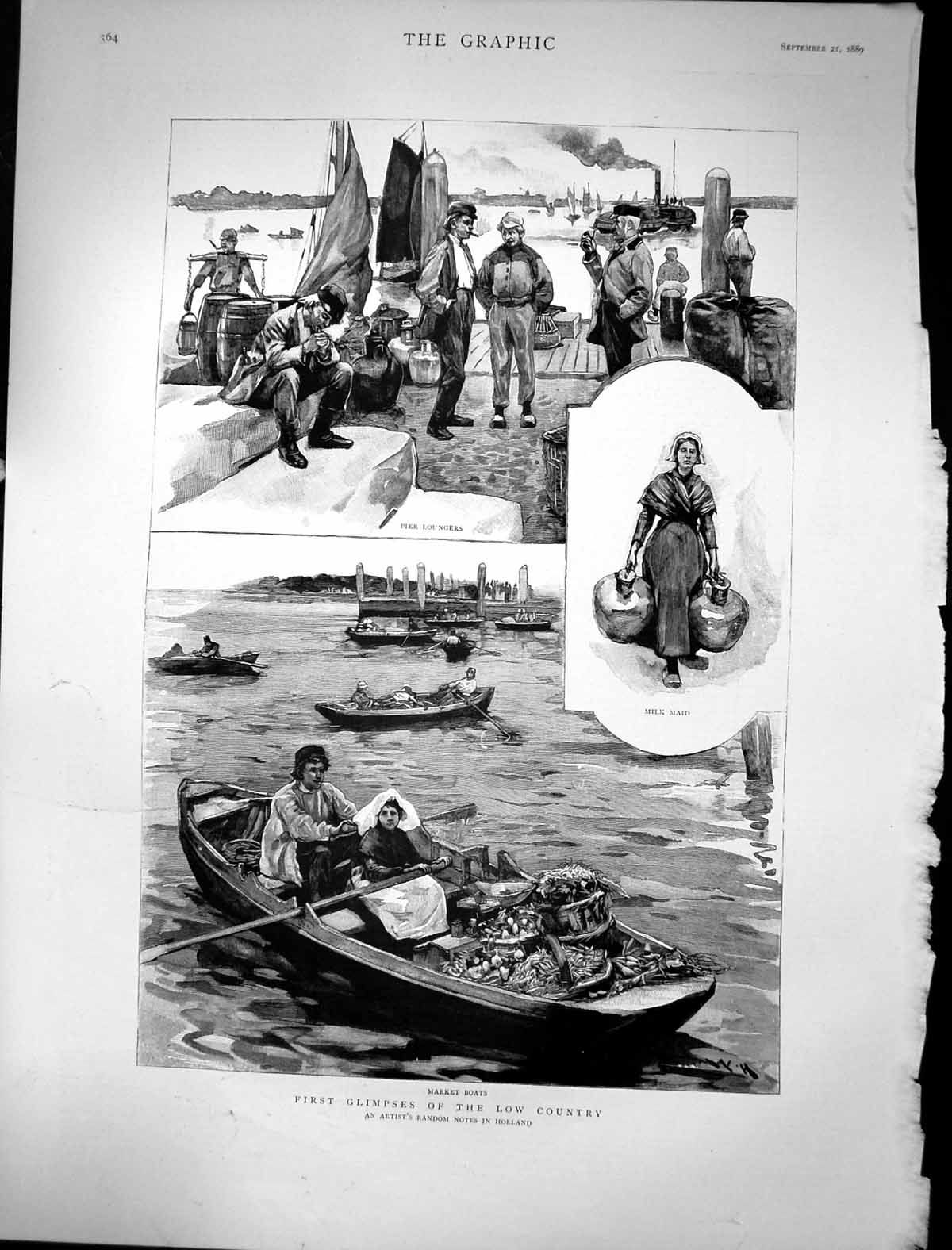 Antique Print 1889 Low Country Pier Loungers Market Boats Milk Maid Holland